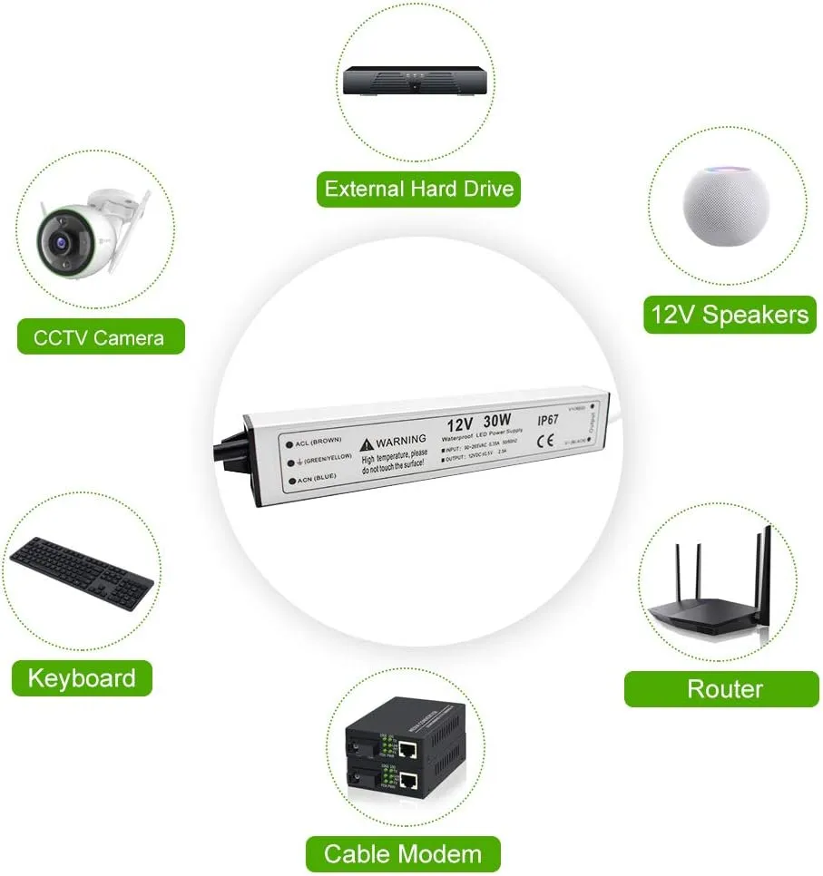 30W 12 Volt LED Power Supply, Waterproof IP67 LED Driver, 110V AC to 12V DC Converter, LED Transformer Low Voltage Output with 3-Prong Plug 3.3 Feet Cable for LED Light Strip, 2.5Amp