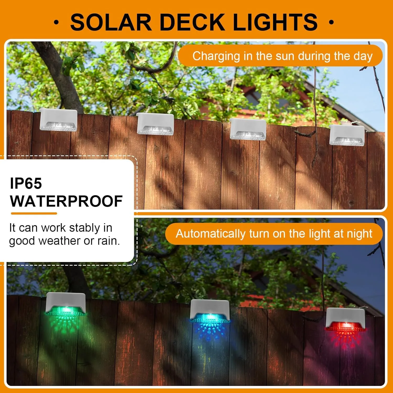 32 Pcs Solar Deck Lights Outdoor, Waterproof LED Solar Step Fence Lights for Stairs, Step, Railing, Patio, Driveway, Garden, Pathway and Yard(White Shell Multicolor Light)