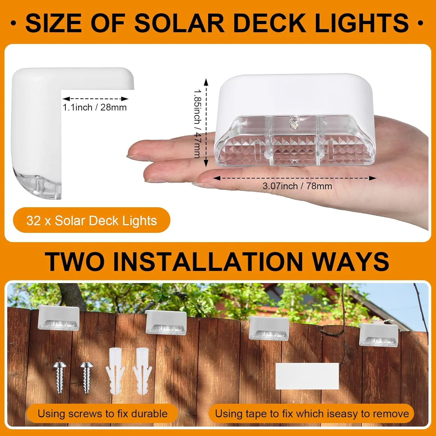 32 Pcs Solar Deck Lights Outdoor, Waterproof LED Solar Step Fence Lights for Stairs, Step, Railing, Patio, Driveway, Garden, Pathway and Yard(White Shell Multicolor Light)