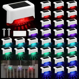 32 Pcs Solar Deck Lights Outdoor, Waterproof LED Solar Step Fence Lights for Stairs, Step, Railing, Patio, Driveway, Garden, Pathway and Yard(White Shell Multicolor Light)