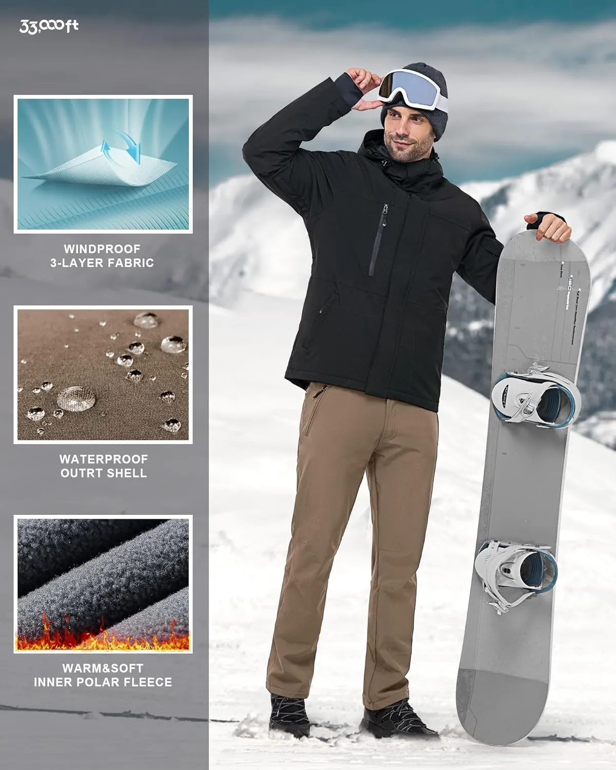 33,000ft Men's Winter Snow Ski Fleece Lined Pants Warm Waterproof Softshell Insulated for Snowboard Outdoor Work Hiking