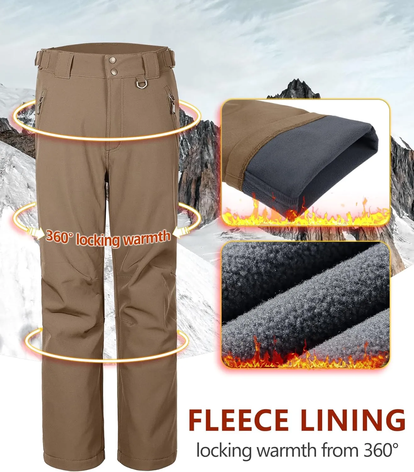33,000ft Men's Winter Snow Ski Fleece Lined Pants Warm Waterproof Softshell Insulated for Snowboard Outdoor Work Hiking