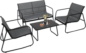 4 Pieces Outdoor Patio Furniture Set with Loveseat and 2 Textilene Fabric Chairs a Glass Coffee Table Steel Frame Small Bistro Table and Chairs Conversation Set for Backyard Balcony Lawn