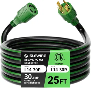 4 Prong 30 Amp Extension Generator Cord 25FT, NEMA L14-30P/L14-30R, 125/250 Volt Up to 7500 Watts, 10 Gauge SJTW Twist Lock Power Cord for Manual Transfer Switch, Black&Green, ETL Listed