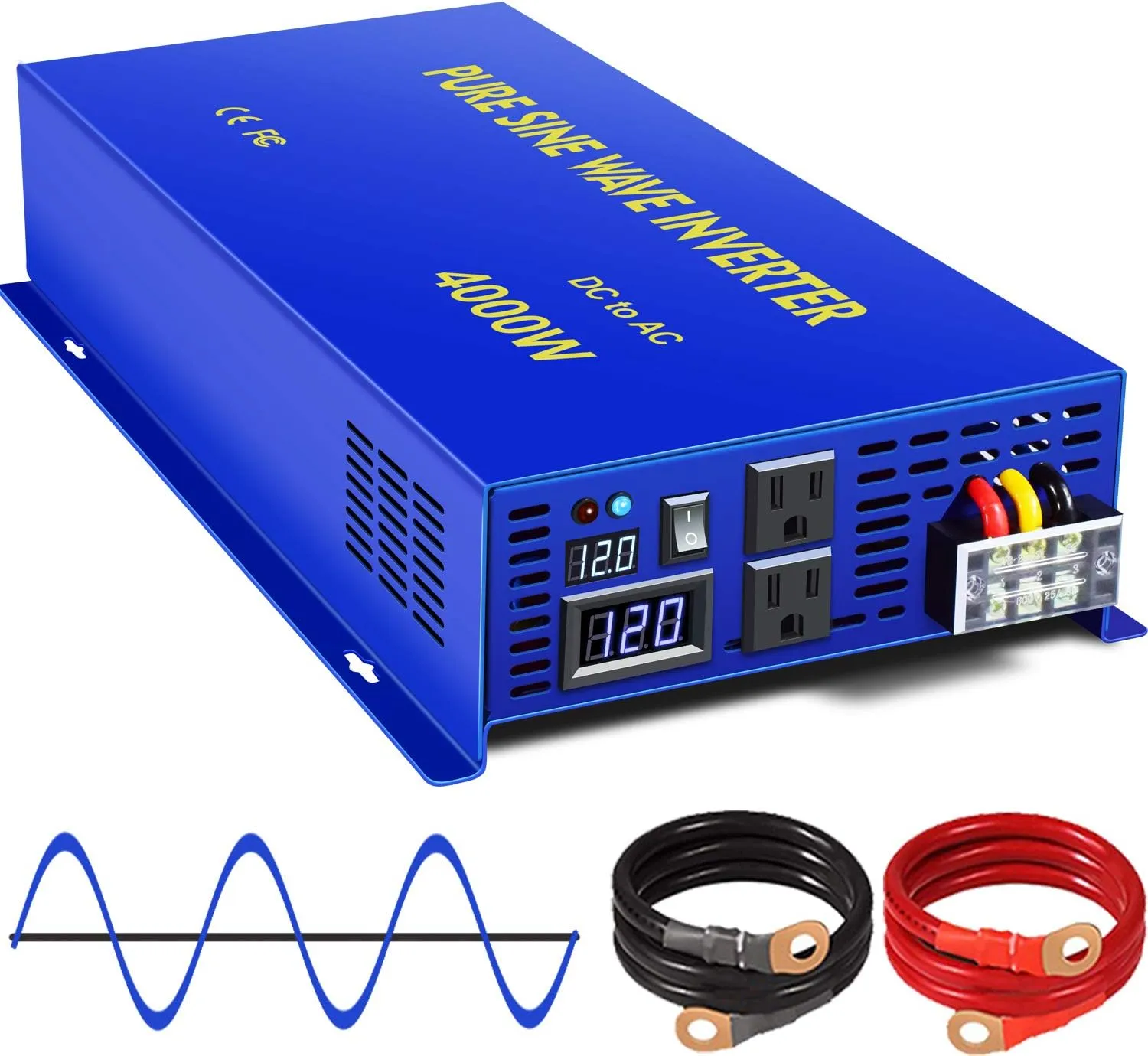 4000 Watt Pure Sine Wave Inverter 12V DC to 120V AC, 4000W Power Inverter Surge 8000W Power Converter for Solar System, RV, Car, Truck (4000W 12V 120V