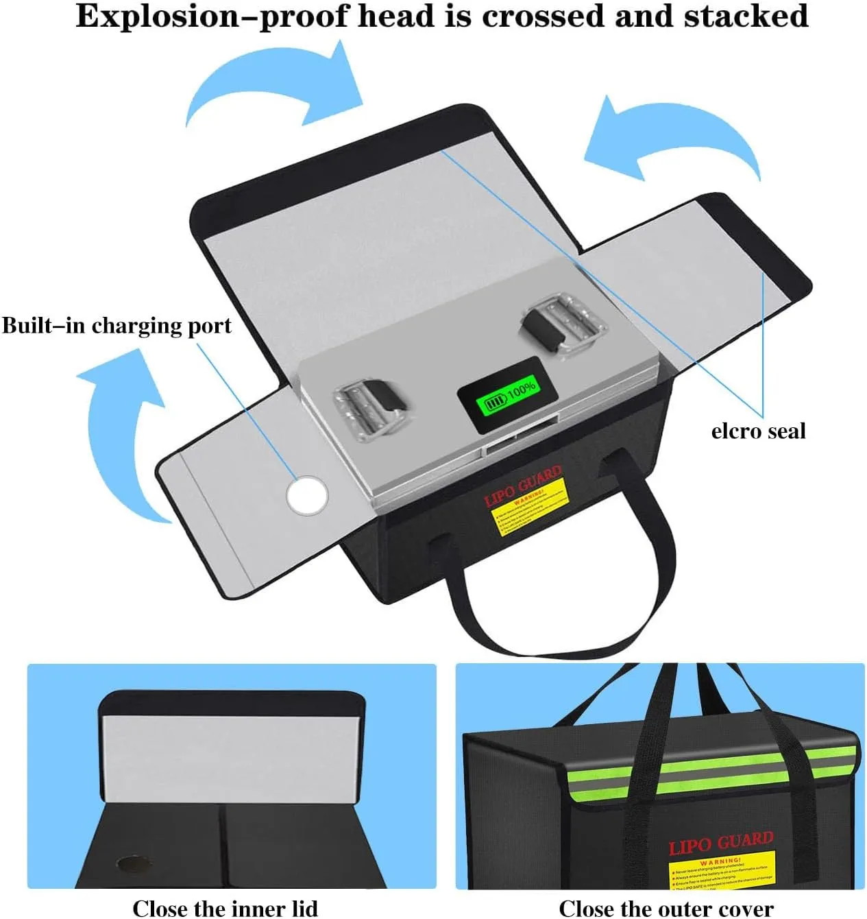 450 * 250 * 250mm Ebike Battery Safe Bag Fireproof Charging Lipo Bag Large Capatity for Lipo Battery Pack Storage Charging Transport, Home Office Travel Fireproof Safe Storage Pouch