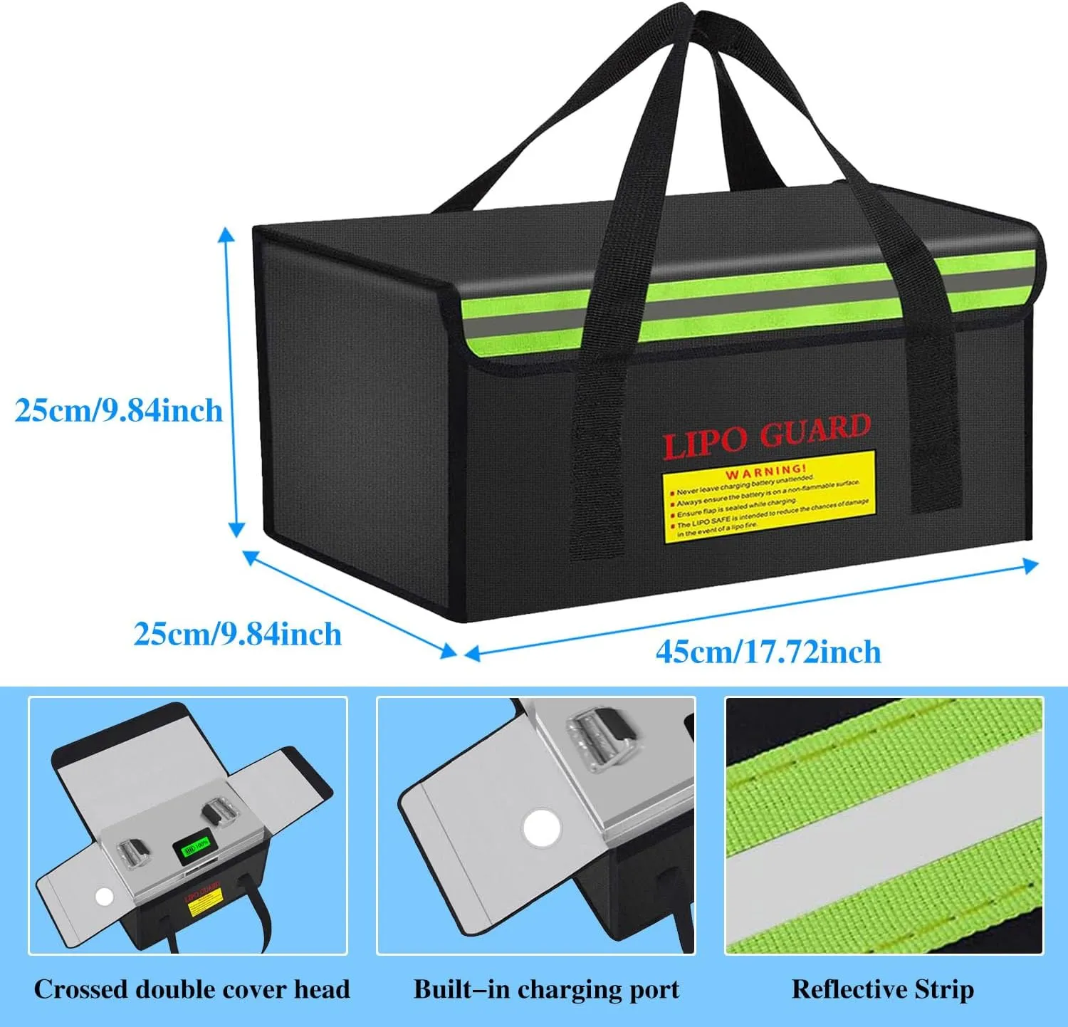 450 * 250 * 250mm Ebike Battery Safe Bag Fireproof Charging Lipo Bag Large Capatity for Lipo Battery Pack Storage Charging Transport, Home Office Travel Fireproof Safe Storage Pouch