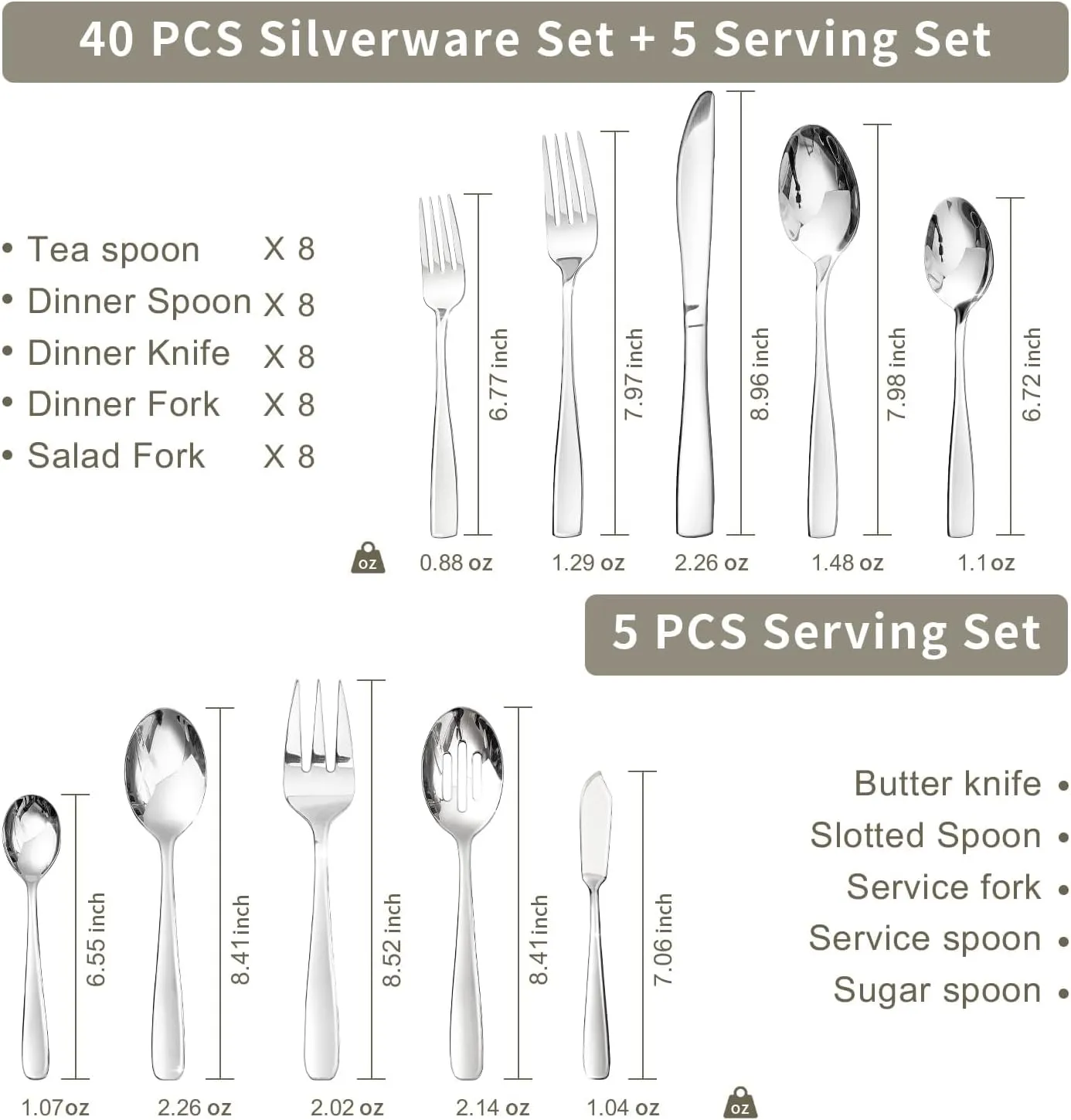 45PCS Stainless Steel Silverware Set, Flatware Set for Kitchen, Cutlery Set with Forks, Spoons, Knives, Serving Set and Metal Organizer, Modern Flatware Set Service for 8