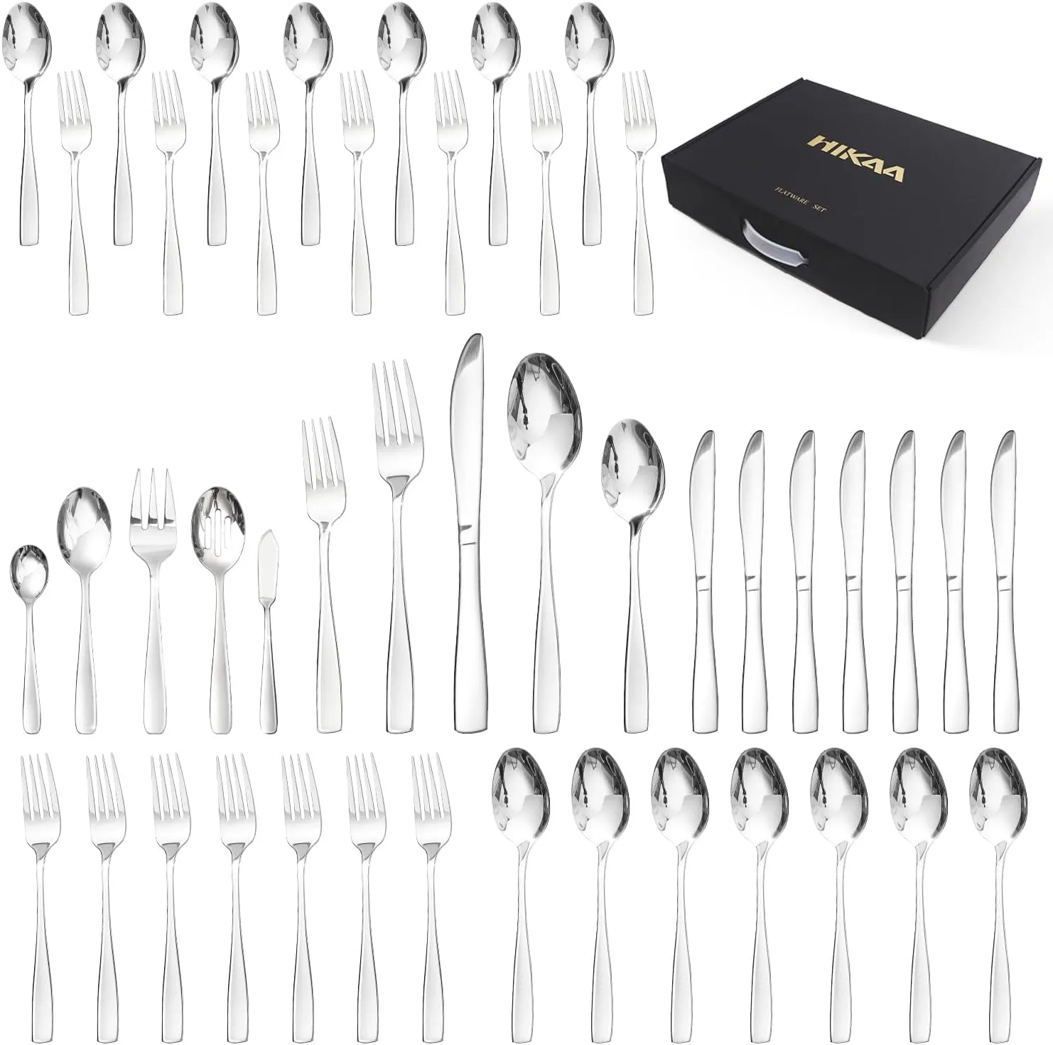 45PCS Stainless Steel Silverware Set, Flatware Set for Kitchen, Cutlery Set with Forks, Spoons, Knives, Serving Set and Metal Organizer, Modern Flatware Set Service for 8