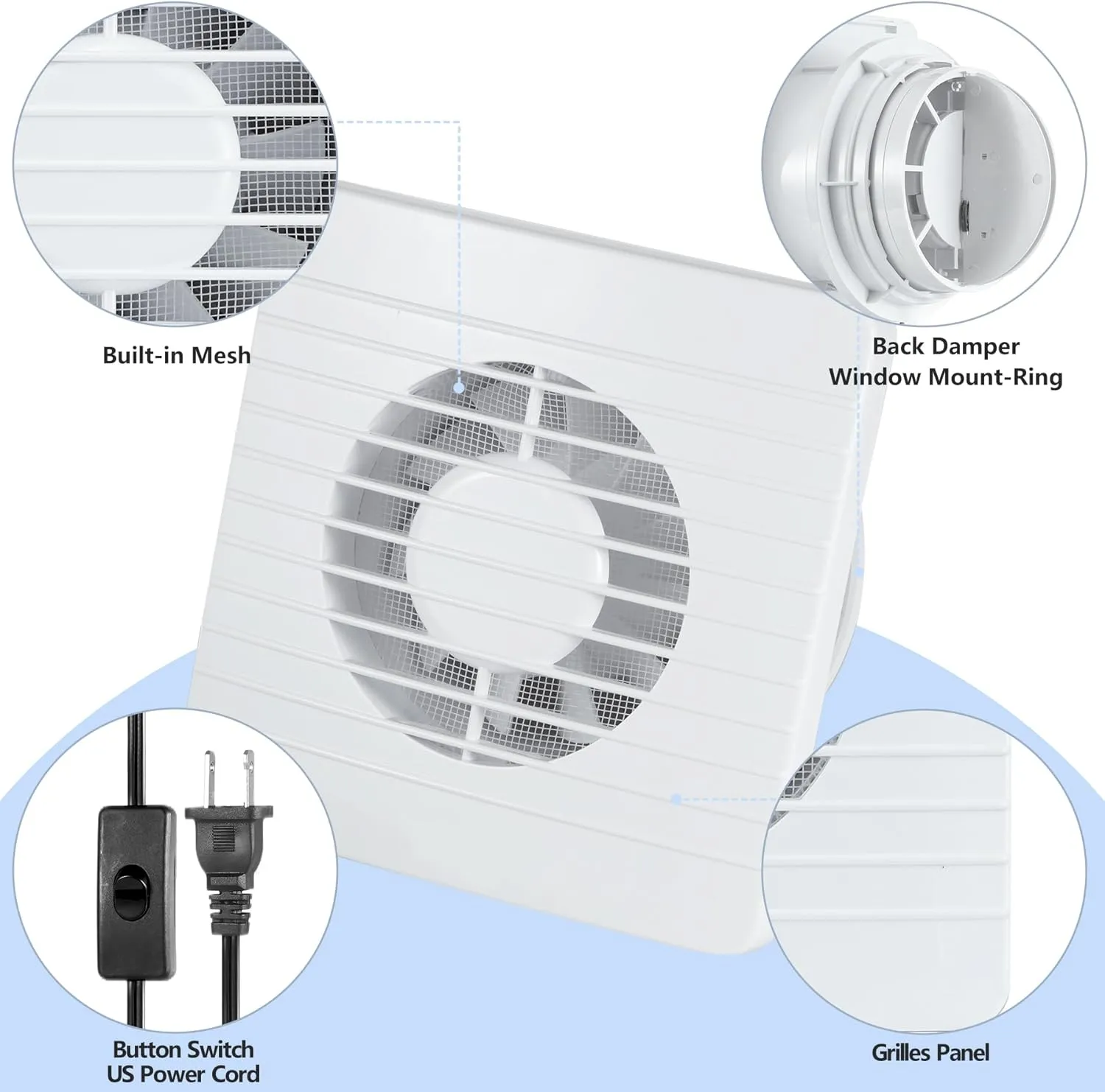 4inch Exhaust Fan, Window Wall Mount Vent Extractor Fan w/Button Switch, Cord for Kitchen Bathroom Workshop Garage (Grilles Panel with Mesh)