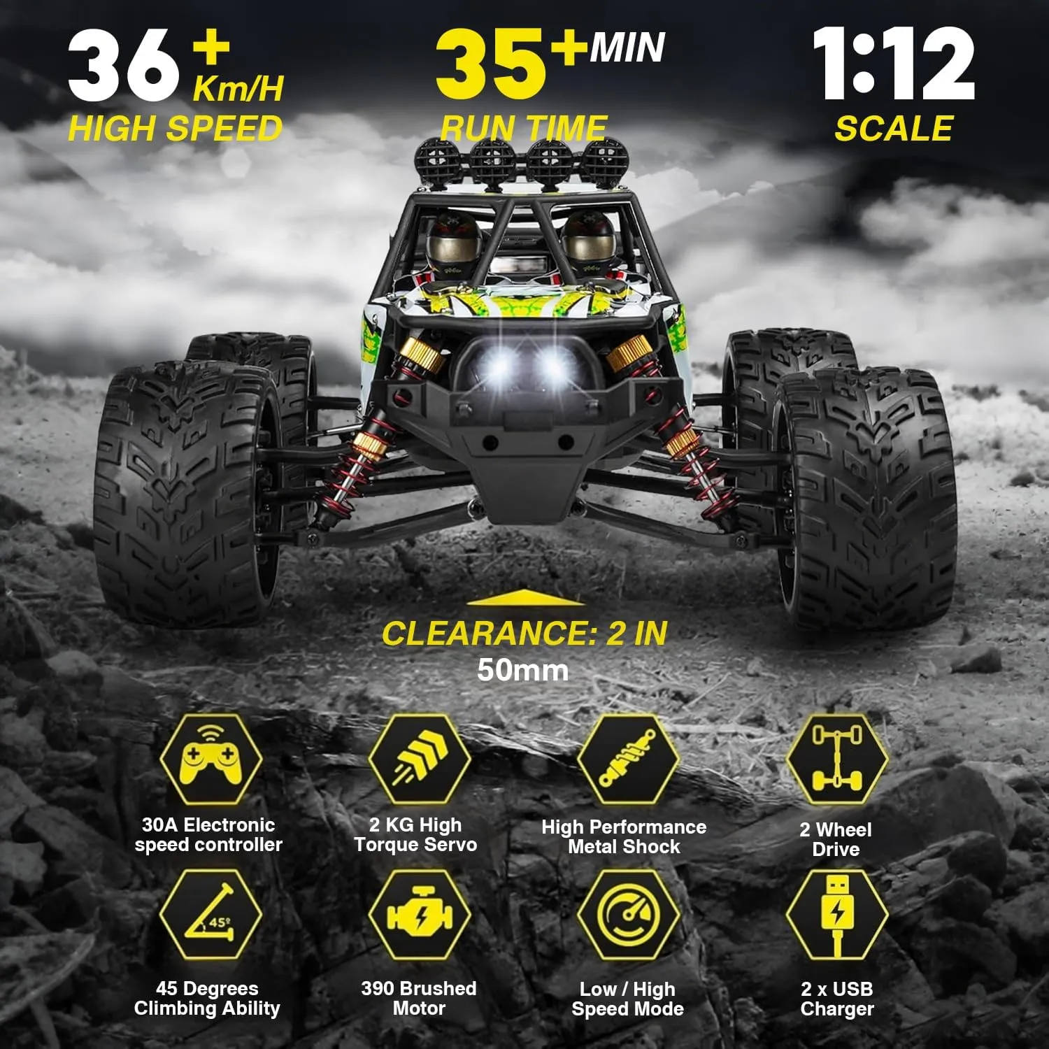 4x4 RC Cars for Adults - Onyx Offroad Remote Control Car, 1:12 Scale Fast Electric Waterproof Brushed Buggy Truck, Hobby Grade, Green & Black