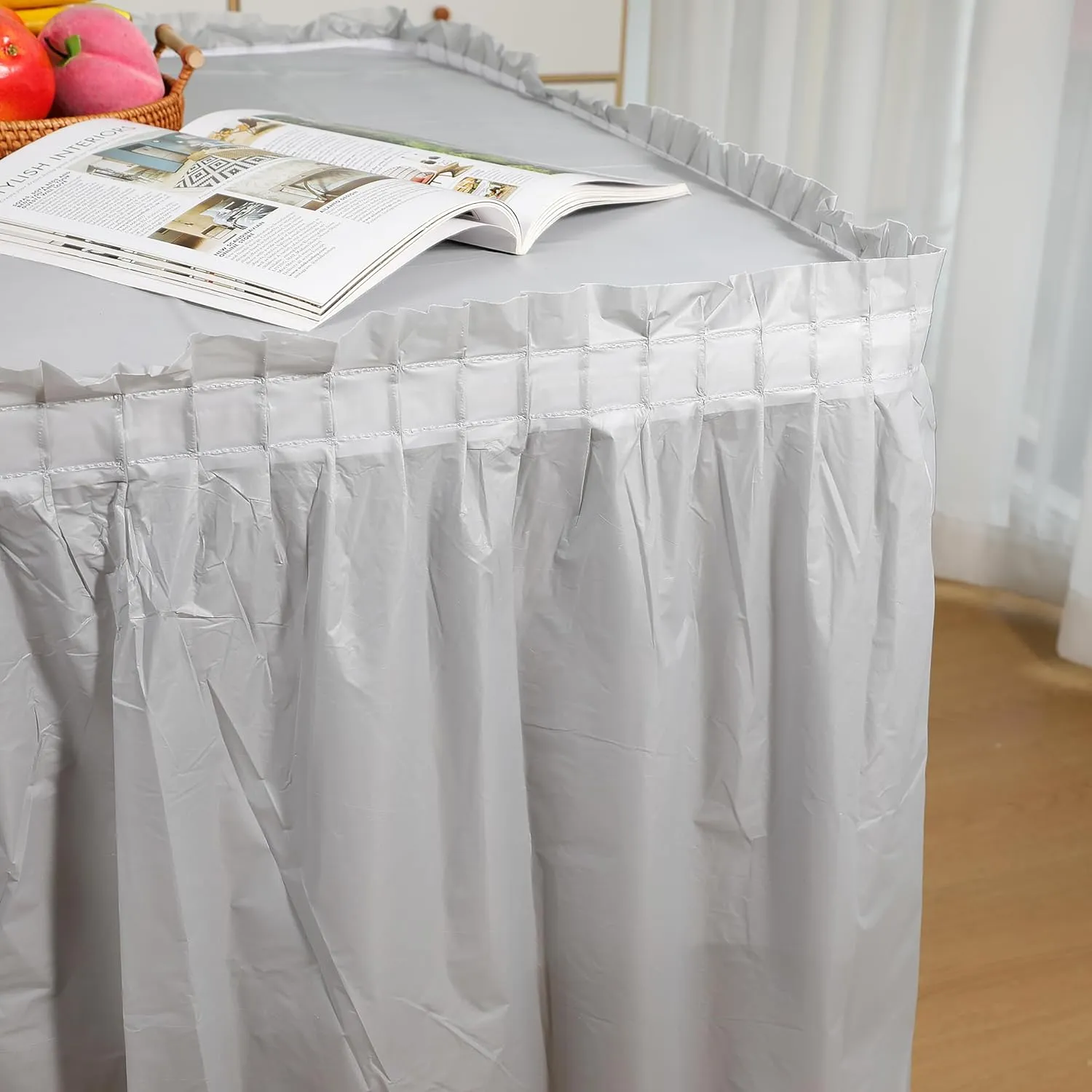 5 Pack Plastic Table Skirts & Cloths for Rectangle Tables, 14 Ft Blue Tableskirts & 54" x 108" Tablecloths, Disposable Tablecloth Skirt Covers for Party (Gray)