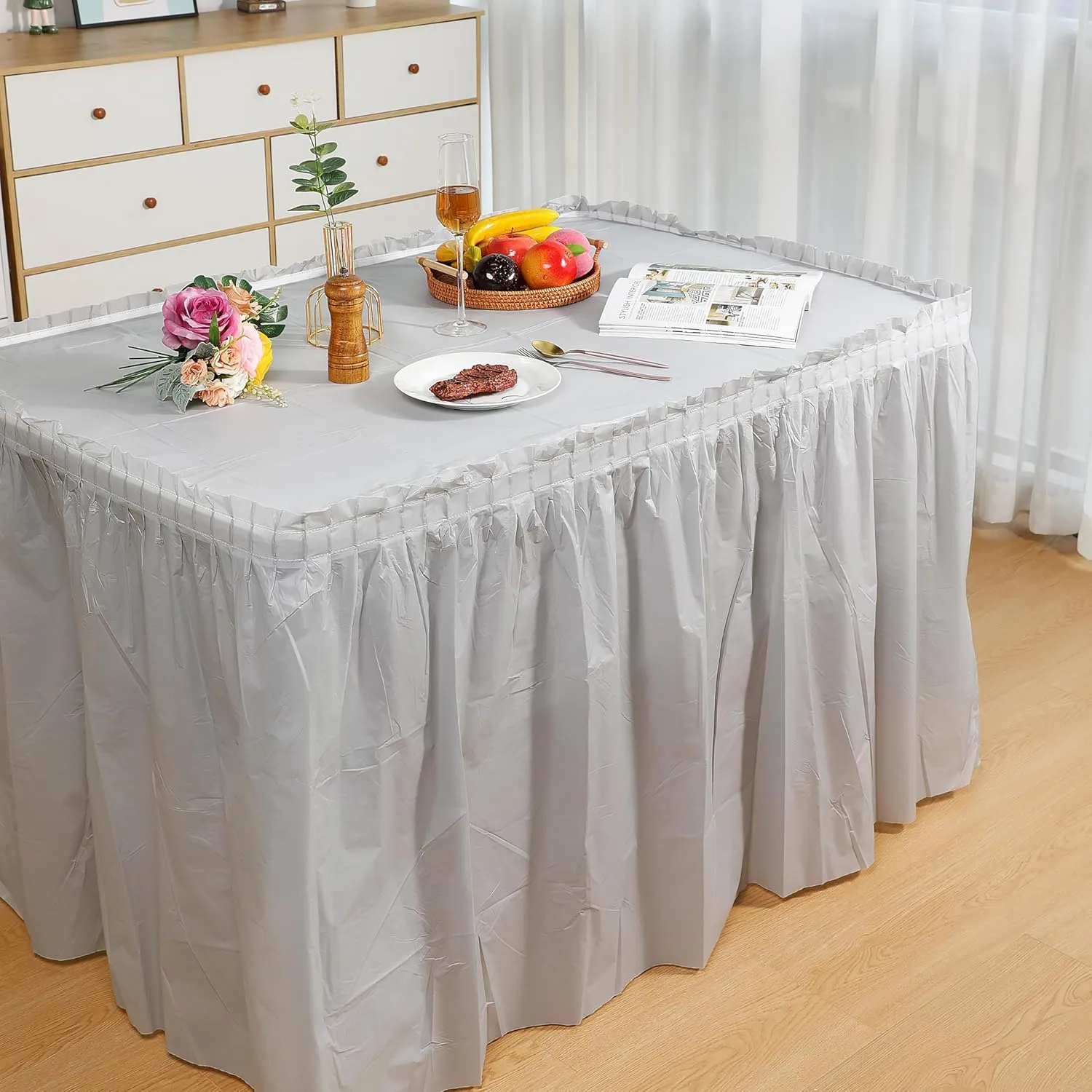 5 Pack Plastic Table Skirts & Cloths for Rectangle Tables, 14 Ft Blue Tableskirts & 54" x 108" Tablecloths, Disposable Tablecloth Skirt Covers for Party (Gray)