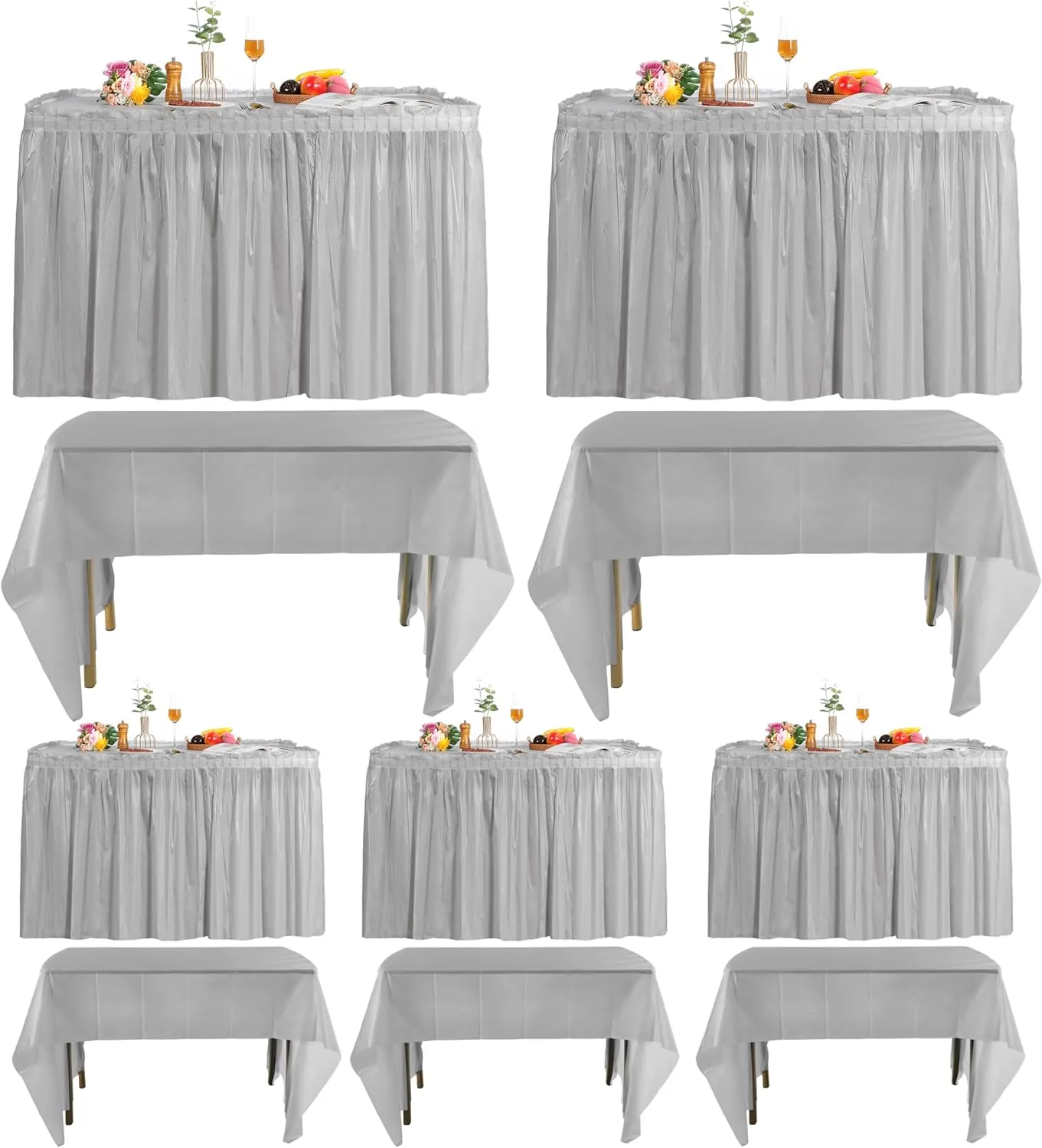 5 Pack Plastic Table Skirts & Cloths for Rectangle Tables, 14 Ft Blue Tableskirts & 54" x 108" Tablecloths, Disposable Tablecloth Skirt Covers for Party (Gray)