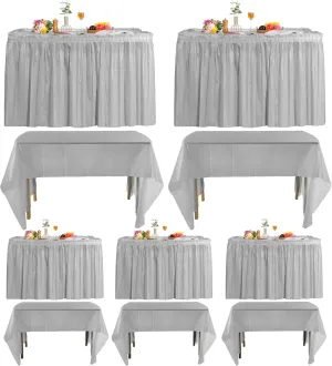 5 Pack Plastic Table Skirts & Cloths for Rectangle Tables, 14 Ft Blue Tableskirts & 54" x 108" Tablecloths, Disposable Tablecloth Skirt Covers for Party (Gray)