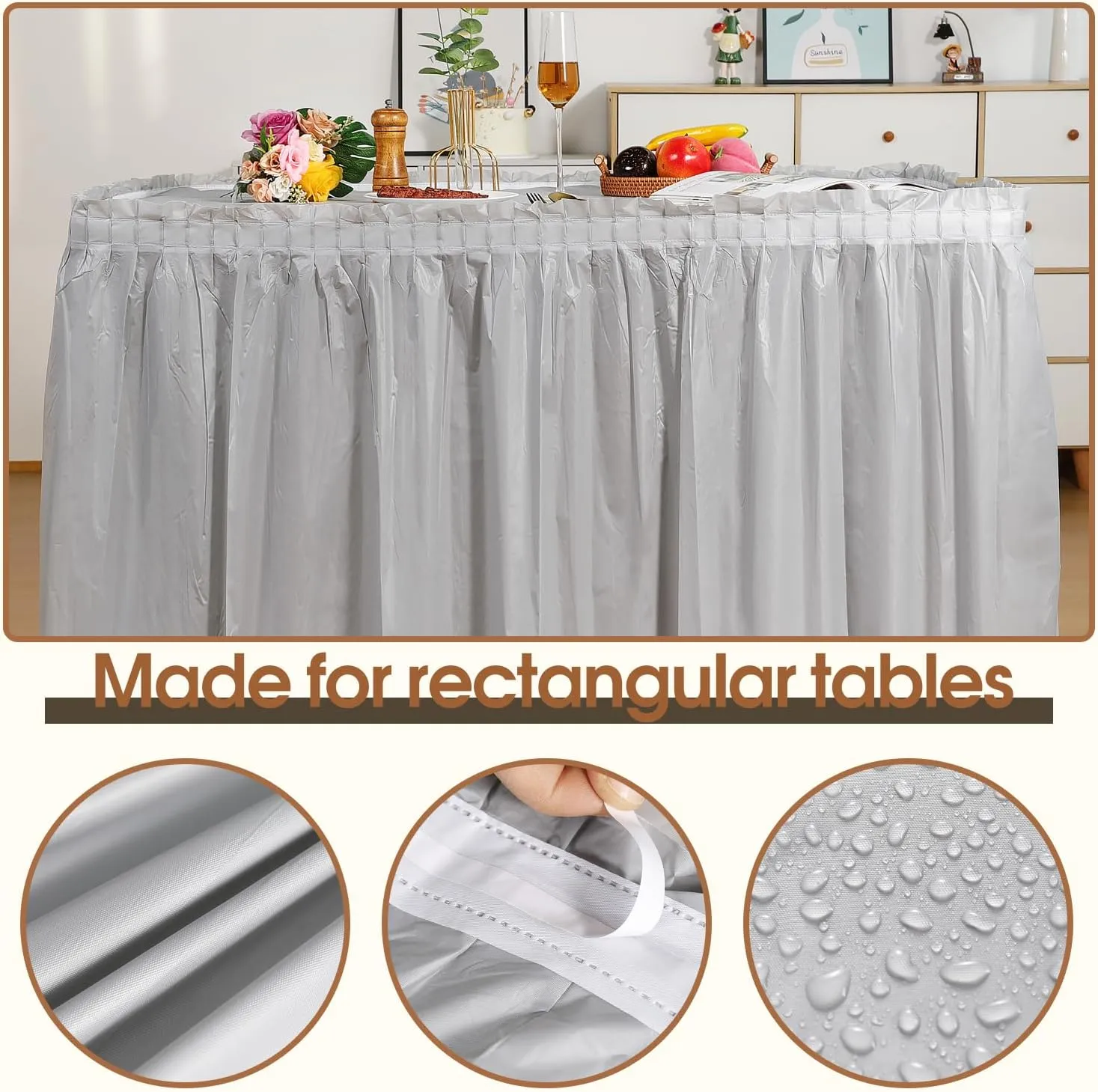 5 Pack Plastic Table Skirts & Cloths for Rectangle Tables, 14 Ft Blue Tableskirts & 54" x 108" Tablecloths, Disposable Tablecloth Skirt Covers for Party (Gray)