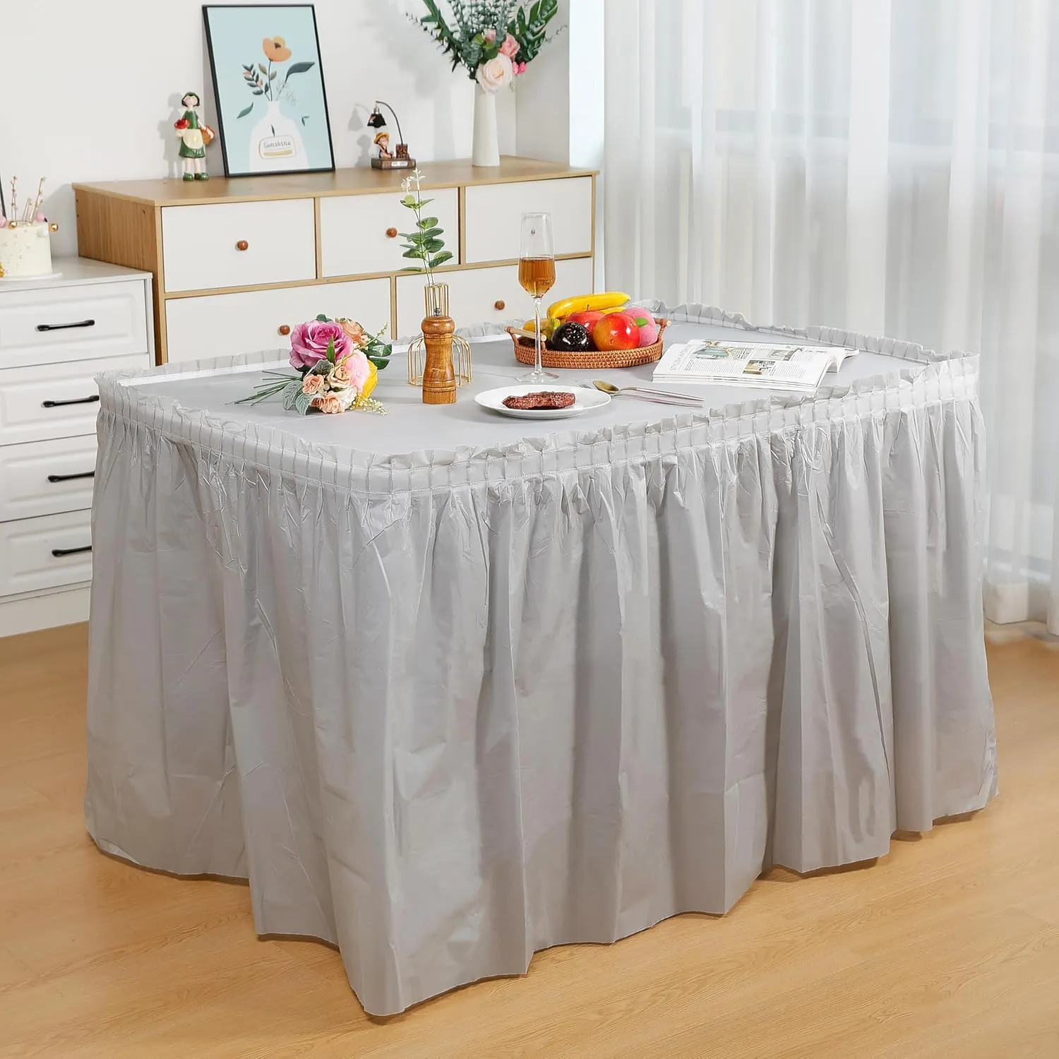 5 Pack Plastic Table Skirts & Cloths for Rectangle Tables, 14 Ft Blue Tableskirts & 54" x 108" Tablecloths, Disposable Tablecloth Skirt Covers for Party (Gray)