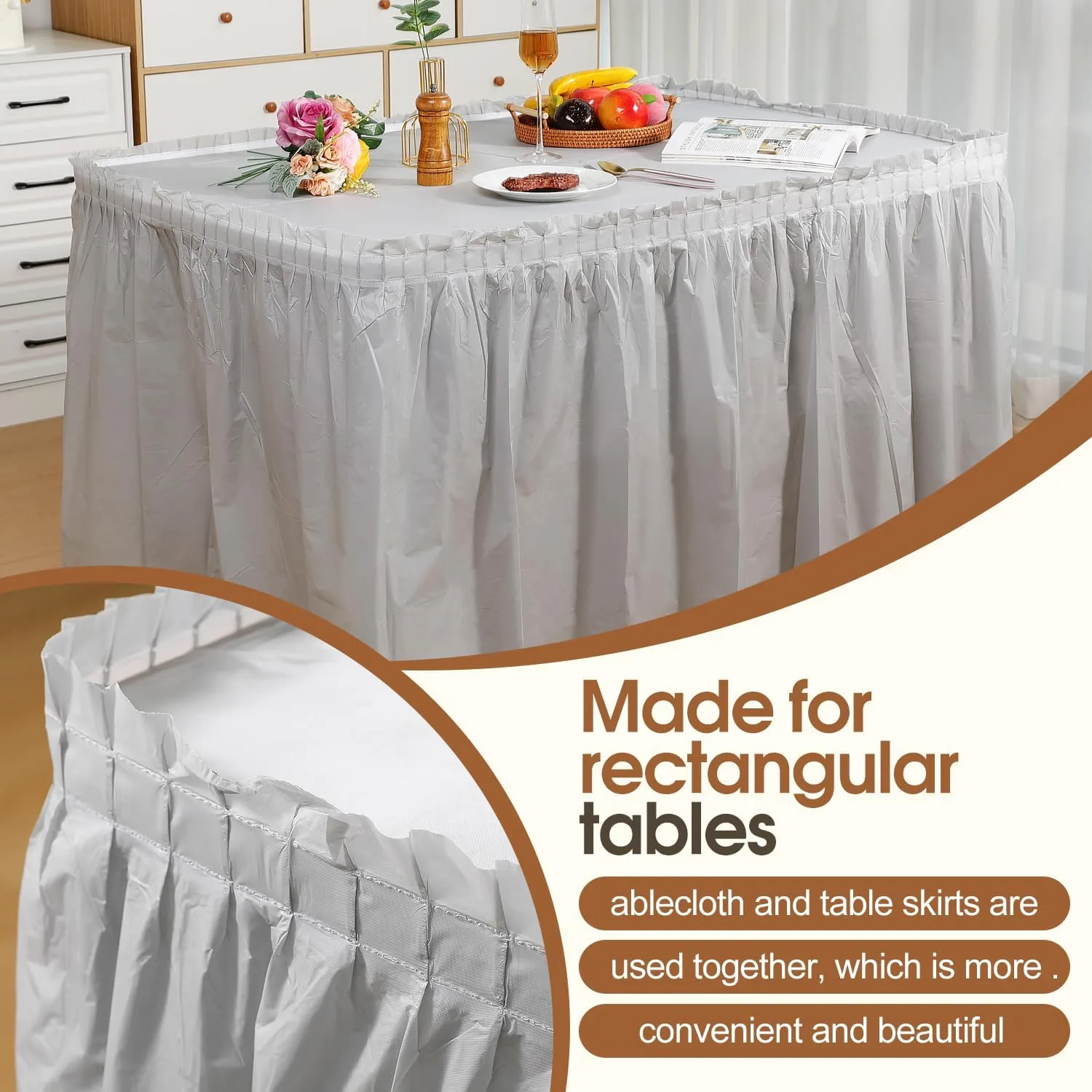 5 Pack Plastic Table Skirts & Cloths for Rectangle Tables, 14 Ft Blue Tableskirts & 54" x 108" Tablecloths, Disposable Tablecloth Skirt Covers for Party (Gray)
