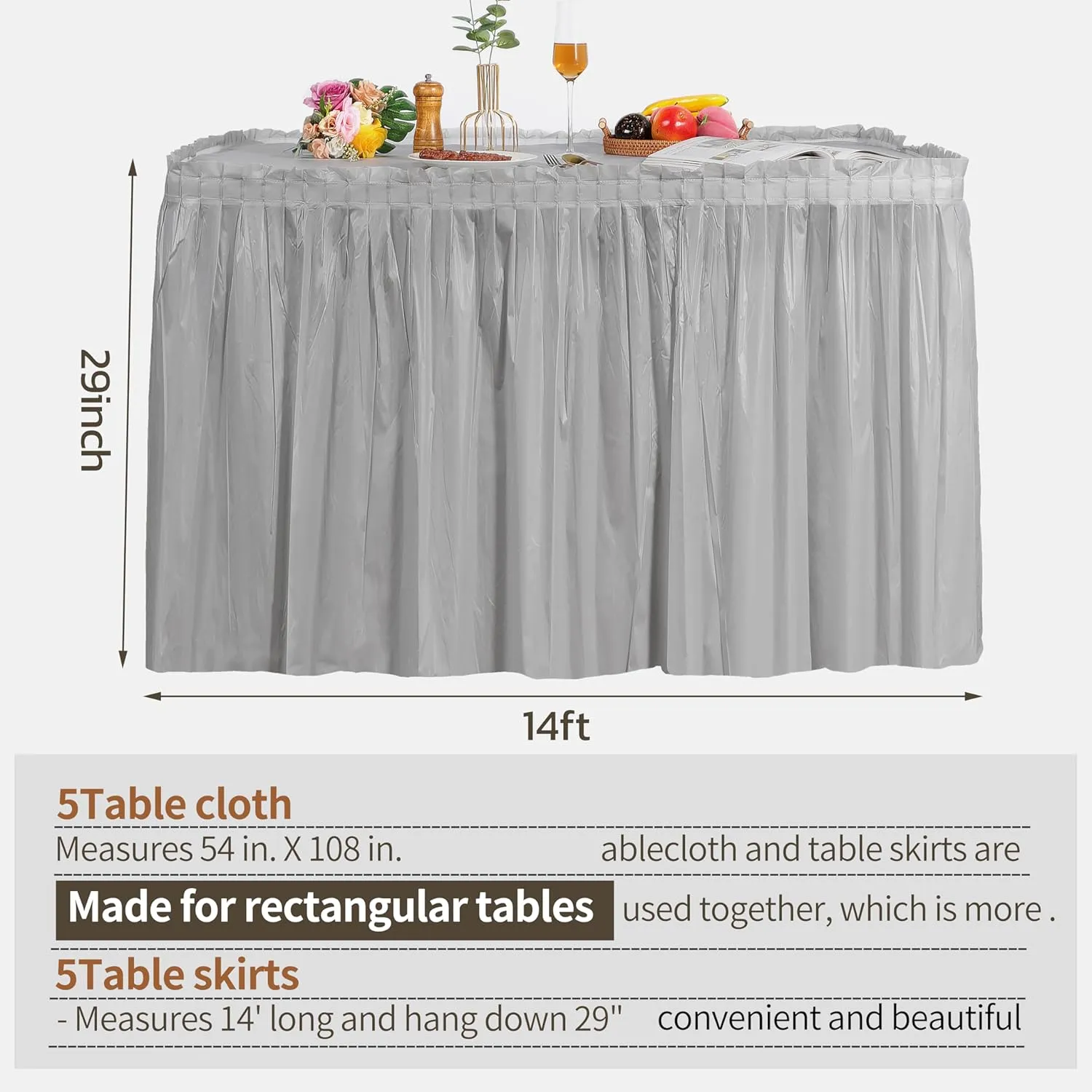 5 Pack Plastic Table Skirts & Cloths for Rectangle Tables, 14 Ft Blue Tableskirts & 54" x 108" Tablecloths, Disposable Tablecloth Skirt Covers for Party (Gray)