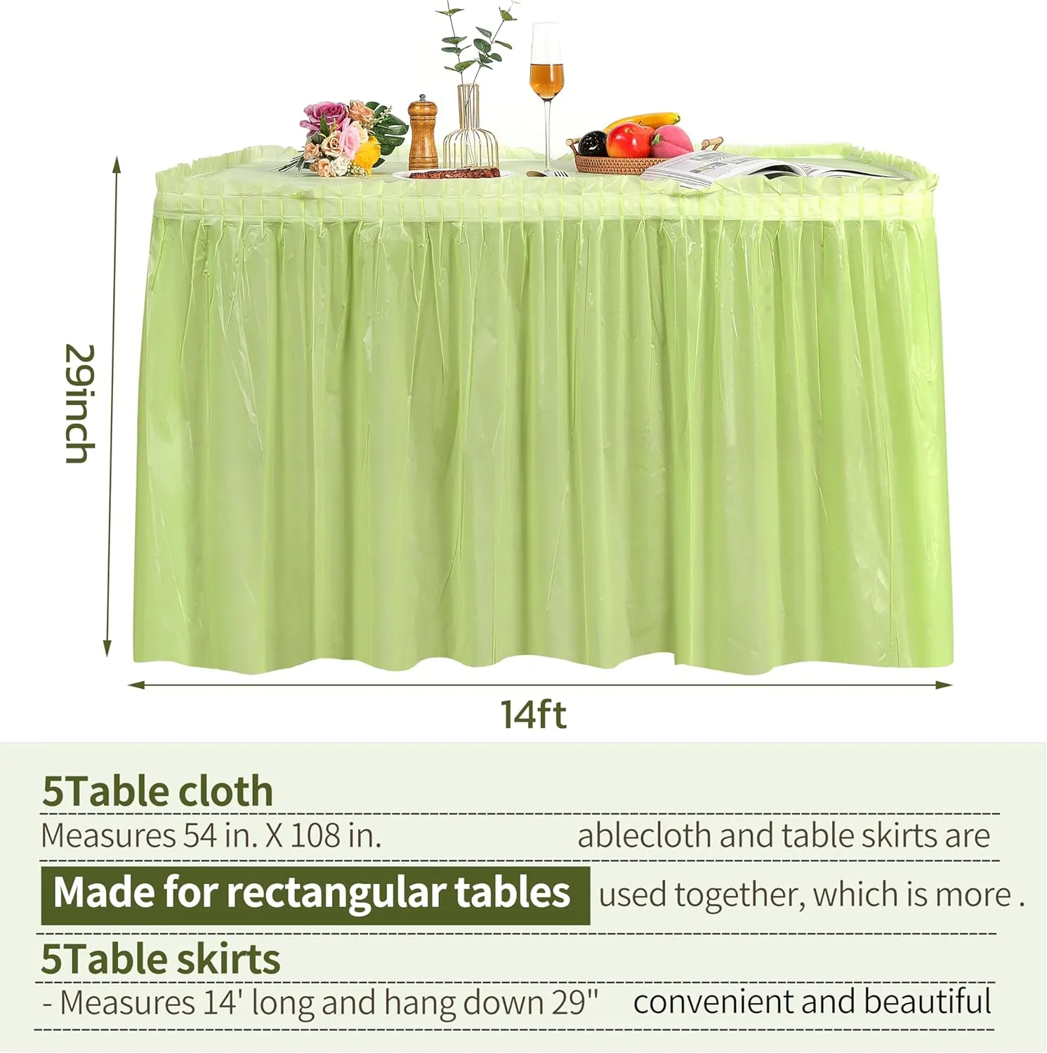 5 Pack Plastic Table Skirts and Cloths for Rectangle Tables, 14 Ft Blue Tableskirts and 54" x 108" Tablecloths, Disposable Tablecloth Skirt Covers for Party (Fruit Green)
