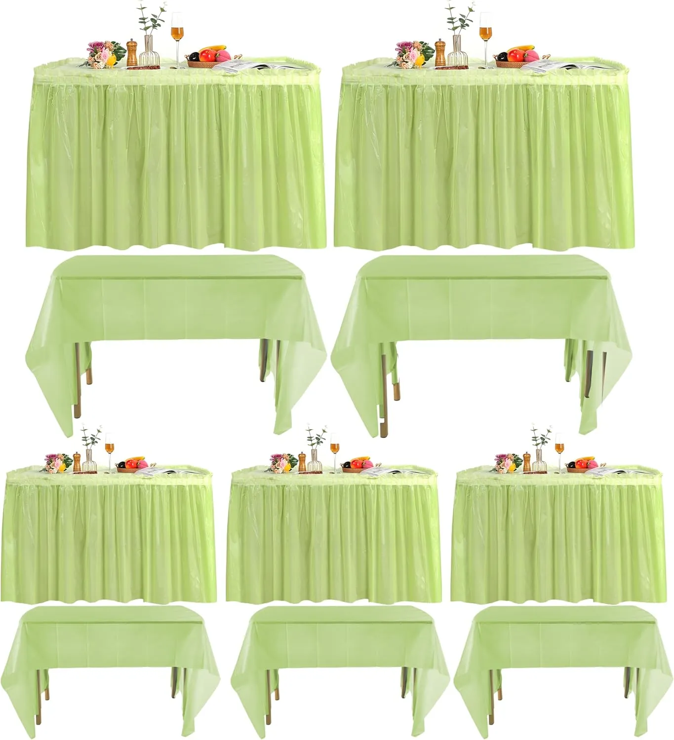 5 Pack Plastic Table Skirts and Cloths for Rectangle Tables, 14 Ft Blue Tableskirts and 54" x 108" Tablecloths, Disposable Tablecloth Skirt Covers for Party (Fruit Green)