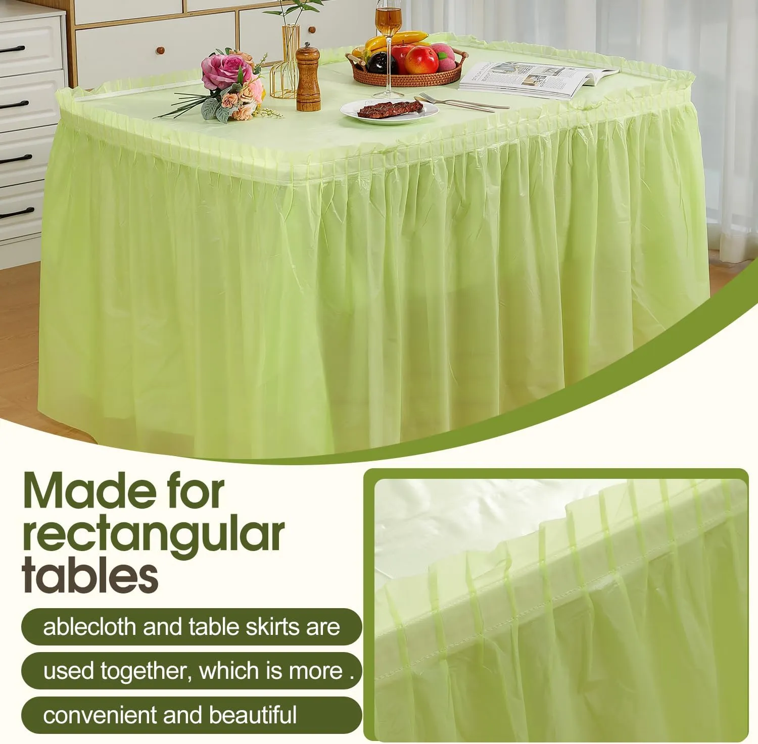 5 Pack Plastic Table Skirts and Cloths for Rectangle Tables, 14 Ft Blue Tableskirts and 54" x 108" Tablecloths, Disposable Tablecloth Skirt Covers for Party (Fruit Green)