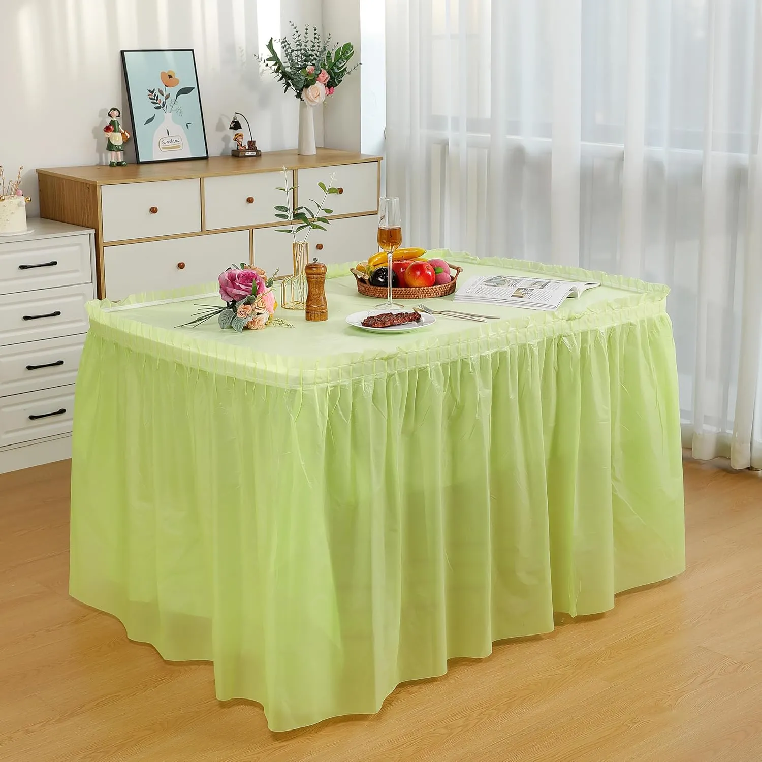 5 Pack Plastic Table Skirts and Cloths for Rectangle Tables, 14 Ft Blue Tableskirts and 54" x 108" Tablecloths, Disposable Tablecloth Skirt Covers for Party (Fruit Green)
