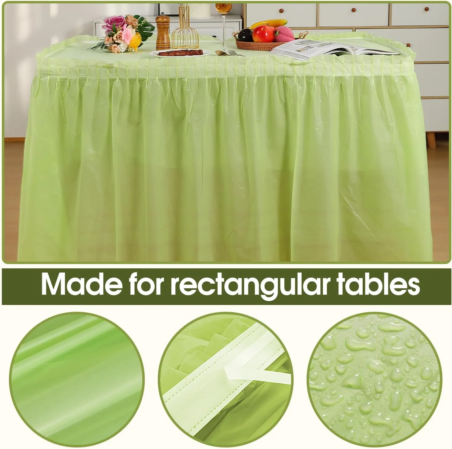 5 Pack Plastic Table Skirts and Cloths for Rectangle Tables, 14 Ft Blue Tableskirts and 54" x 108" Tablecloths, Disposable Tablecloth Skirt Covers for Party (Fruit Green)