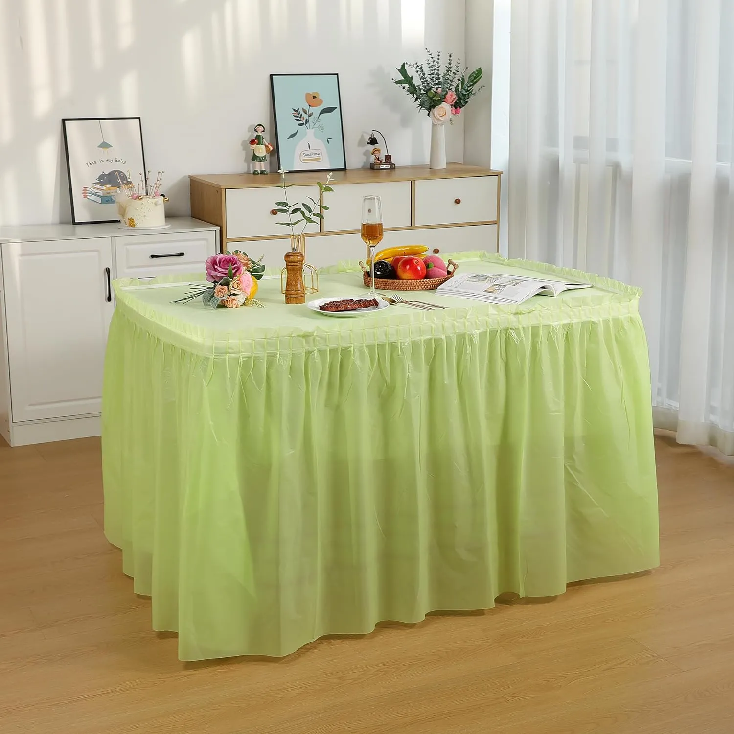 5 Pack Plastic Table Skirts and Cloths for Rectangle Tables, 14 Ft Blue Tableskirts and 54" x 108" Tablecloths, Disposable Tablecloth Skirt Covers for Party (Fruit Green)