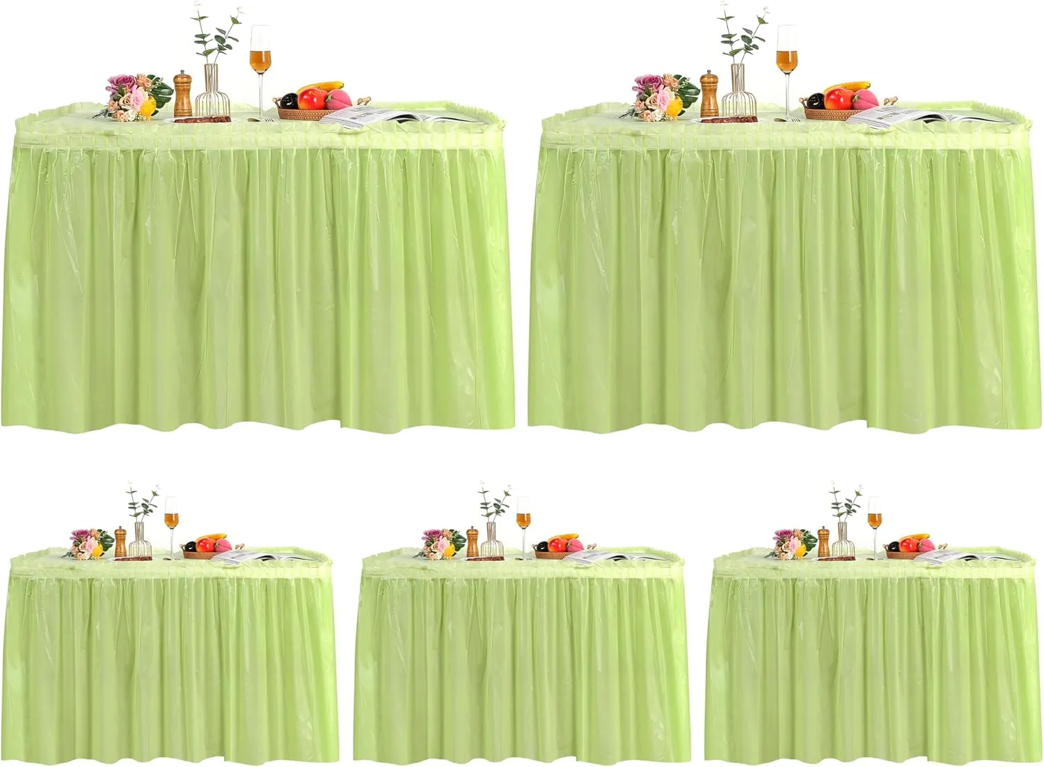 5 Pack Plastic Table Skirts and Cloths for Rectangle Tables, 14 Ft Blue Tableskirts and 54" x 108" Tablecloths, Disposable Tablecloth Skirt Covers for Party (Fruit Green)