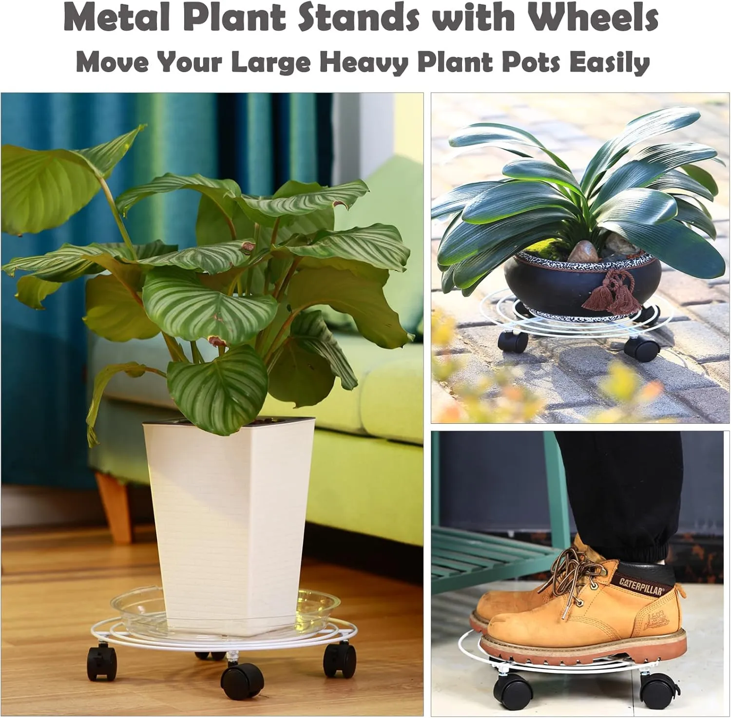 5 Packs Large Metal Plant Caddy with Wheels 13.8" Heavy-duty Iron Rolling Plant Stands with Casters Wheeled Plant Dolly Roller Movers Indoor Outdoor, White