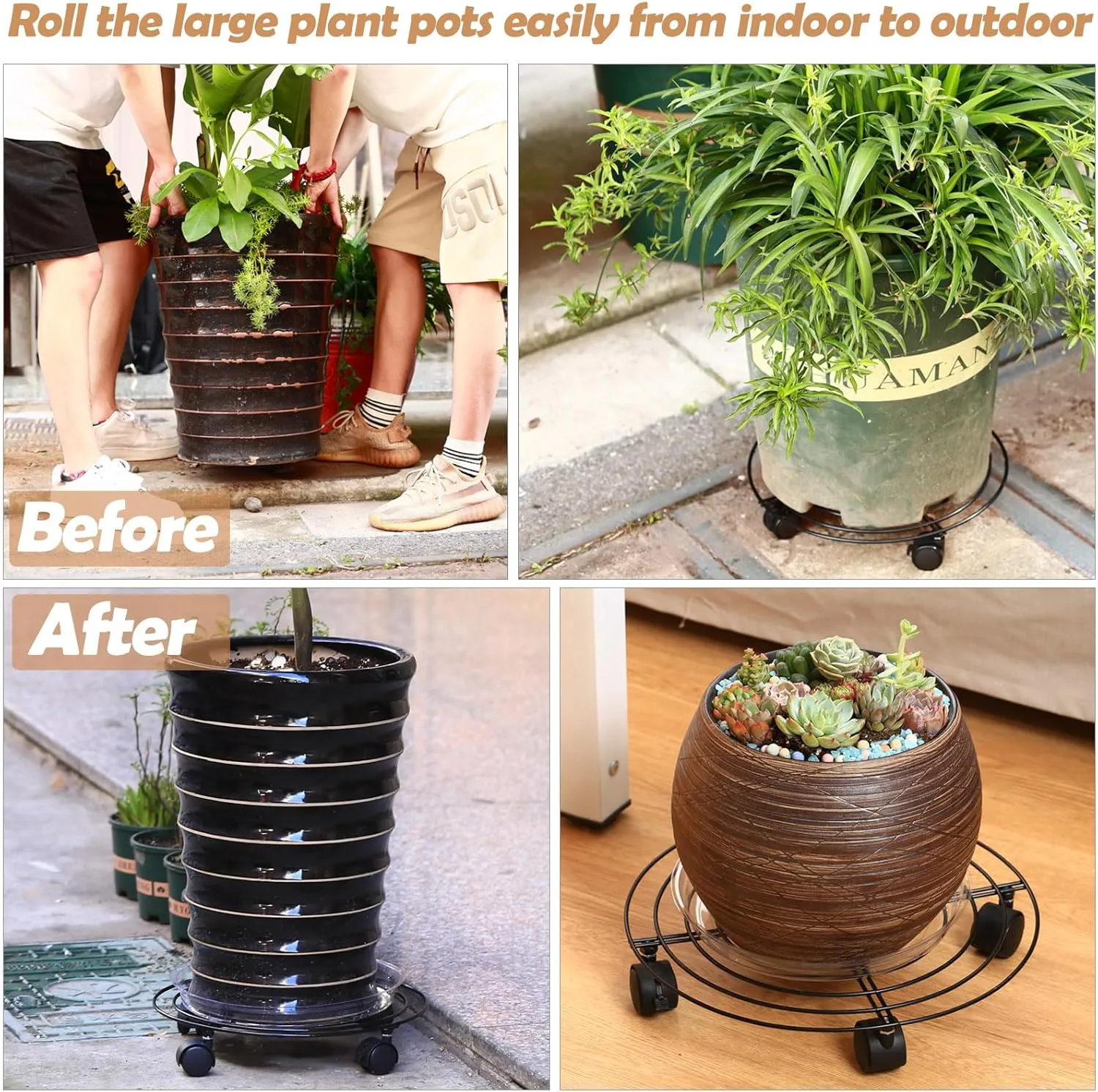 5 Packs Large Metal Plant Caddy with Wheels 13.8" Heavy-duty Iron Rolling Plant Stands with Casters Wheeled Plant Dolly Roller Movers Indoor Outdoor, White