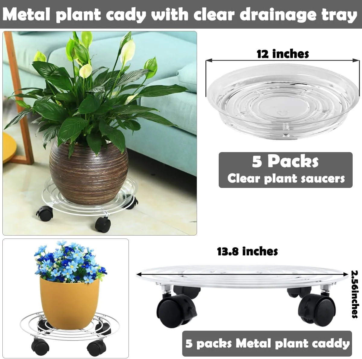 5 Packs Large Metal Plant Caddy with Wheels 13.8" Heavy-duty Iron Rolling Plant Stands with Casters Wheeled Plant Dolly Roller Movers Indoor Outdoor, White
