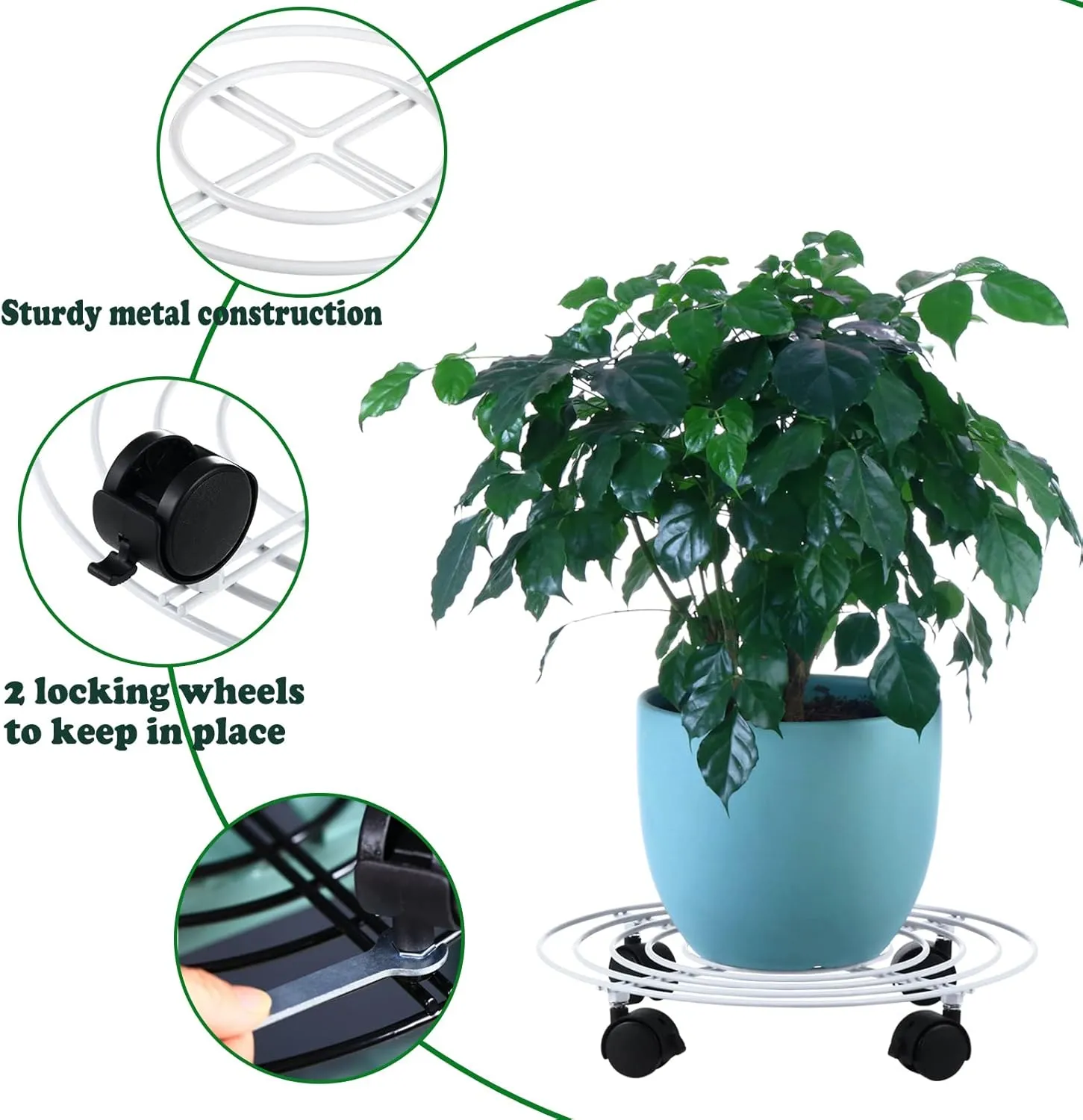 5 Packs Large Metal Plant Caddy with Wheels 13.8" Heavy-duty Iron Rolling Plant Stands with Casters Wheeled Plant Dolly Roller Movers Indoor Outdoor, White