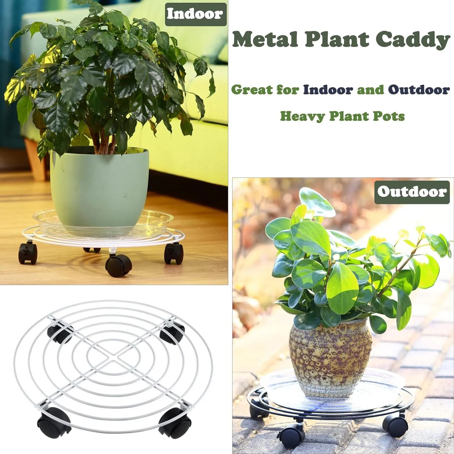 5 Packs Large Metal Plant Caddy with Wheels 13.8" Heavy-duty Iron Rolling Plant Stands with Casters Wheeled Plant Dolly Roller Movers Indoor Outdoor, White