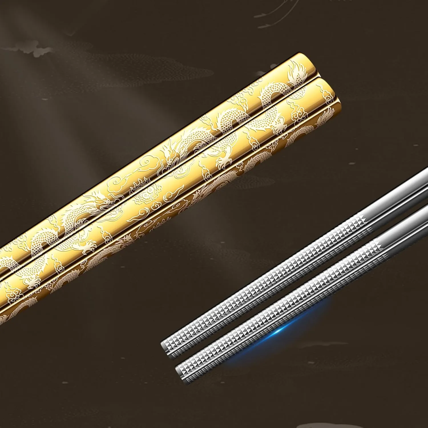 5 Pairs Gold Dragon Chopsticks Set Stainless Steel 316 Gold Plated Reusable Kitchen Dinning Eating Utensils Modern Chop Sticks Dishwasher Safe and Luxury Tableware Gift