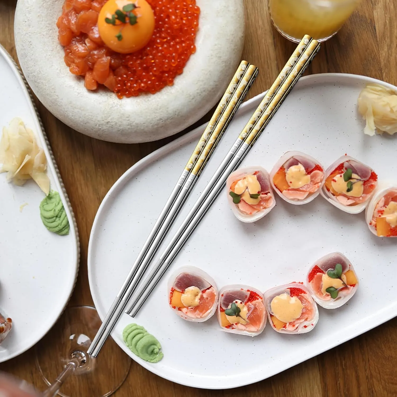 5 Pairs Gold Dragon Chopsticks Set Stainless Steel 316 Gold Plated Reusable Kitchen Dinning Eating Utensils Modern Chop Sticks Dishwasher Safe and Luxury Tableware Gift