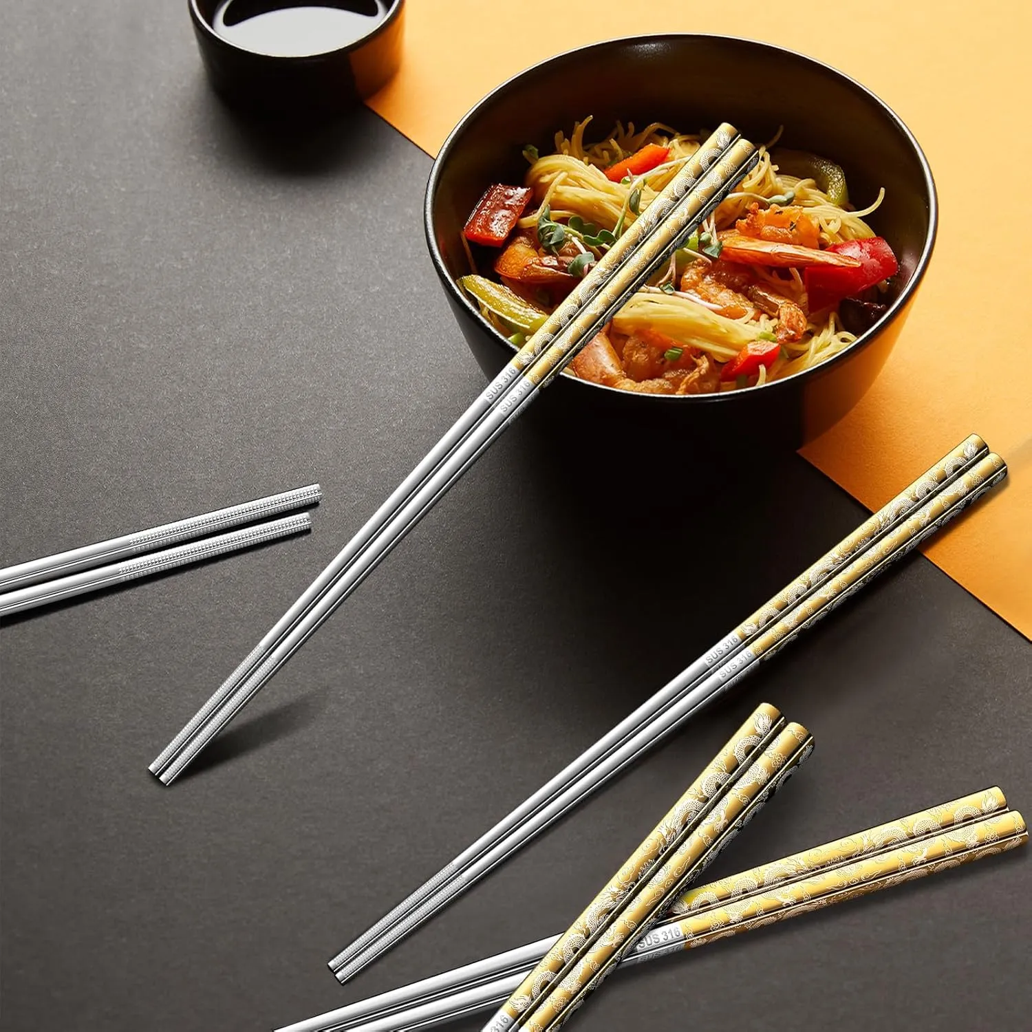 5 Pairs Gold Dragon Chopsticks Set Stainless Steel 316 Gold Plated Reusable Kitchen Dinning Eating Utensils Modern Chop Sticks Dishwasher Safe and Luxury Tableware Gift