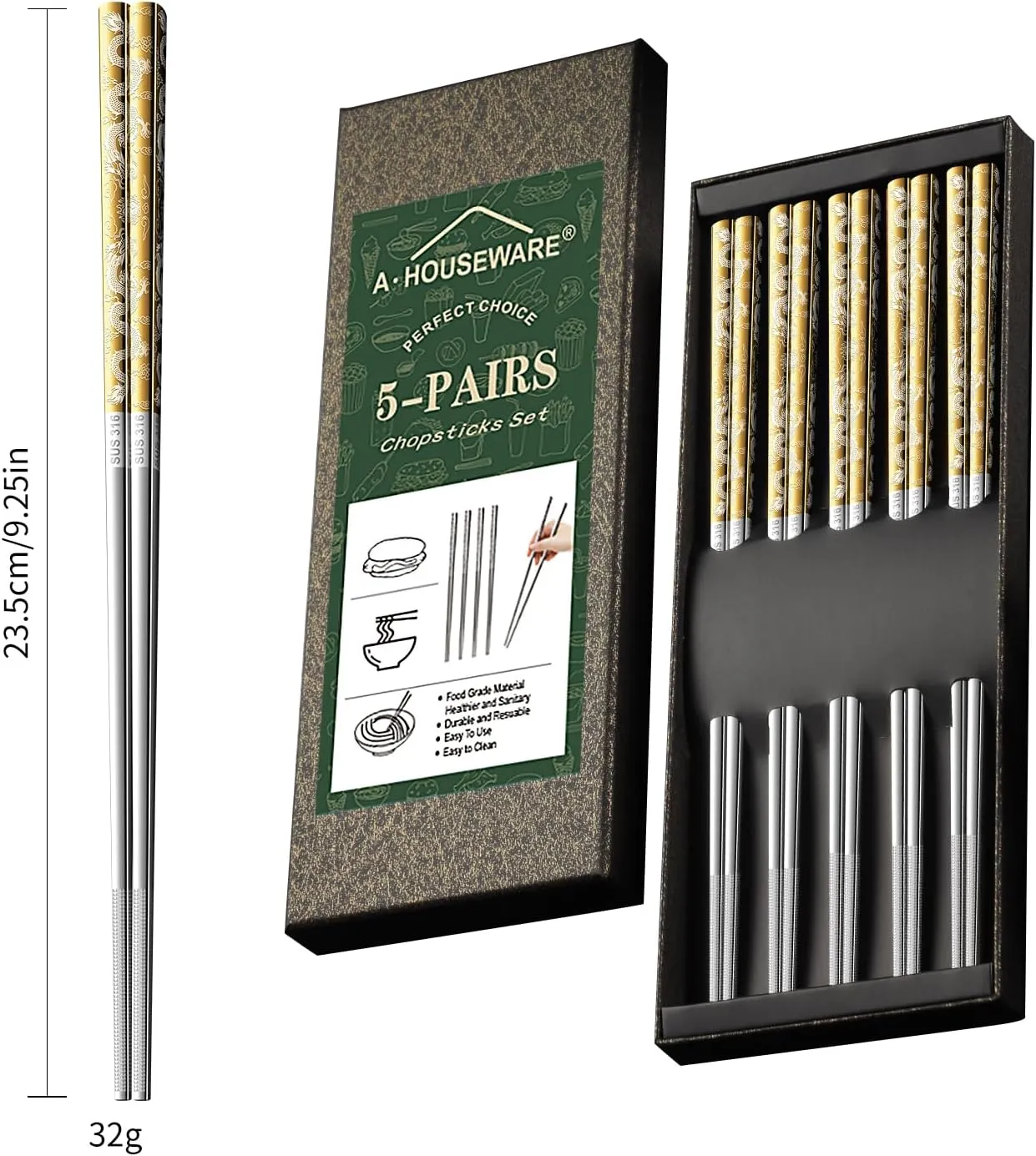 5 Pairs Gold Dragon Chopsticks Set Stainless Steel 316 Gold Plated Reusable Kitchen Dinning Eating Utensils Modern Chop Sticks Dishwasher Safe and Luxury Tableware Gift
