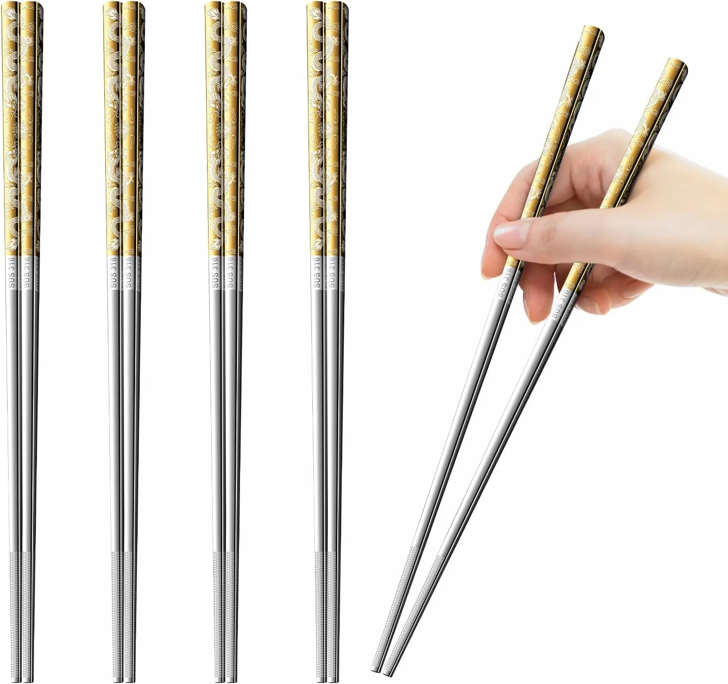 5 Pairs Gold Dragon Chopsticks Set Stainless Steel 316 Gold Plated Reusable Kitchen Dinning Eating Utensils Modern Chop Sticks Dishwasher Safe and Luxury Tableware Gift