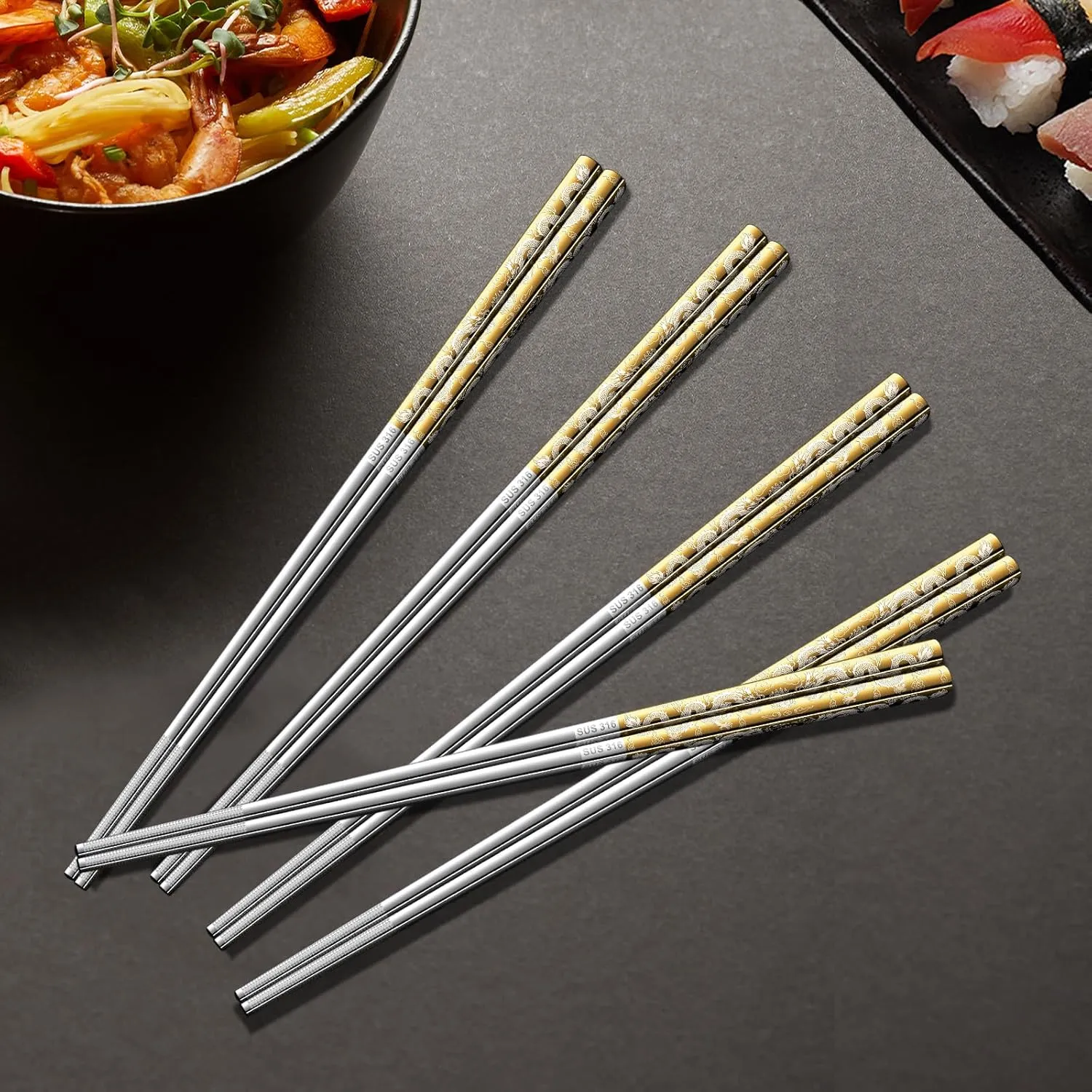 5 Pairs Gold Dragon Chopsticks Set Stainless Steel 316 Gold Plated Reusable Kitchen Dinning Eating Utensils Modern Chop Sticks Dishwasher Safe and Luxury Tableware Gift