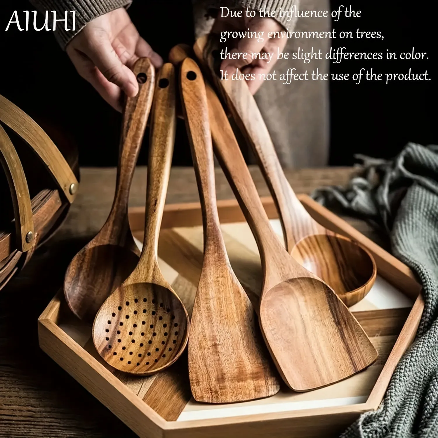 5 Piece Natural Wooden Kitchen Utensil Set for NonStick Cookware