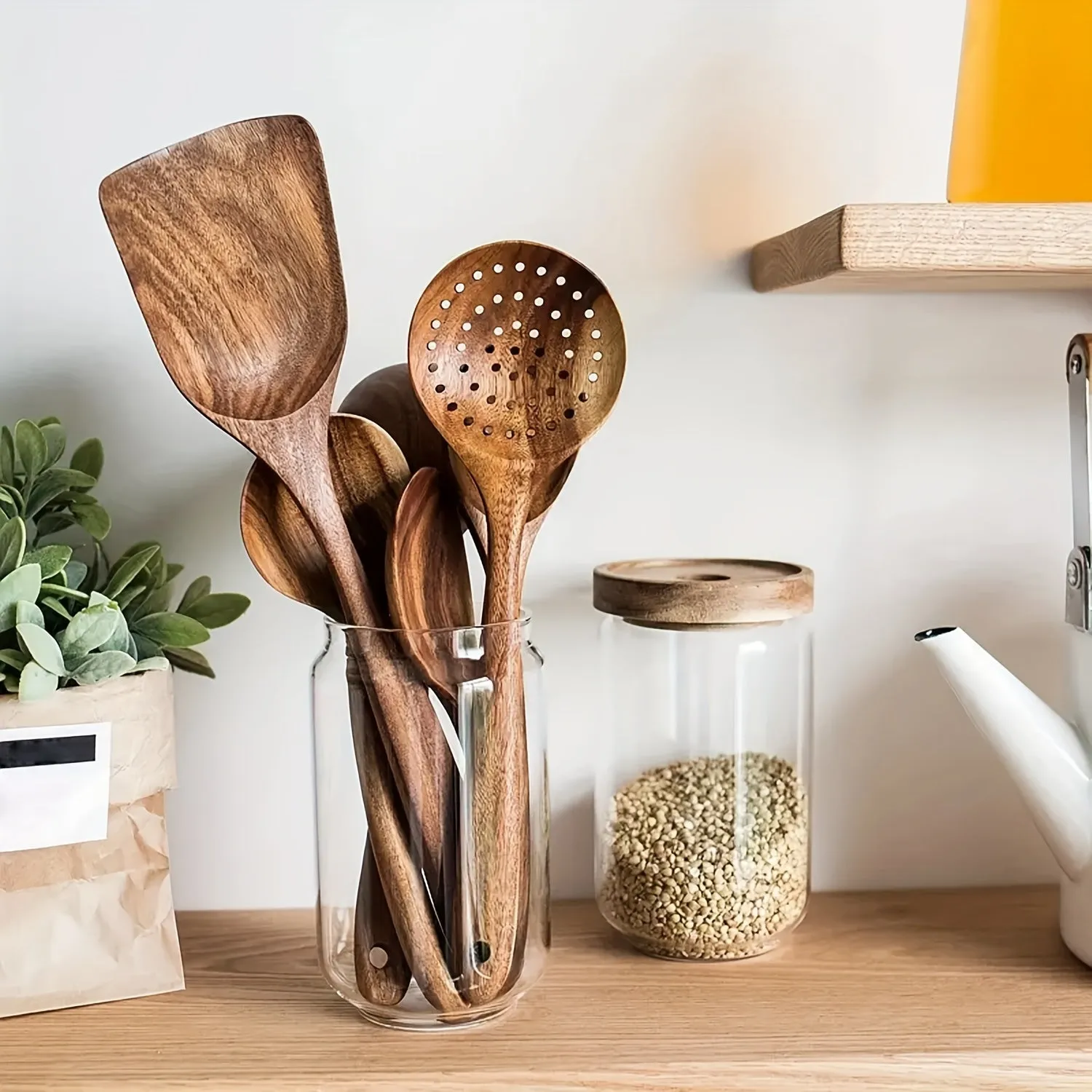 5 Piece Natural Wooden Kitchen Utensil Set for NonStick Cookware