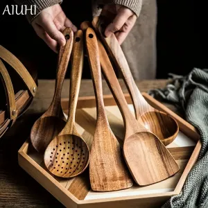 5 Piece Natural Wooden Kitchen Utensil Set for NonStick Cookware