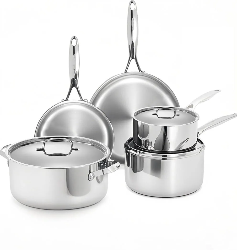 5 Ply Stainless Steel Cookware Set,8-Piece,Professional Kitchen Cooking, Heavy Chef Quality,PFOA, PTFE & PFOS Free,Induction, Non-Toxic, Oven Safe,Best 18/8 Full Clad