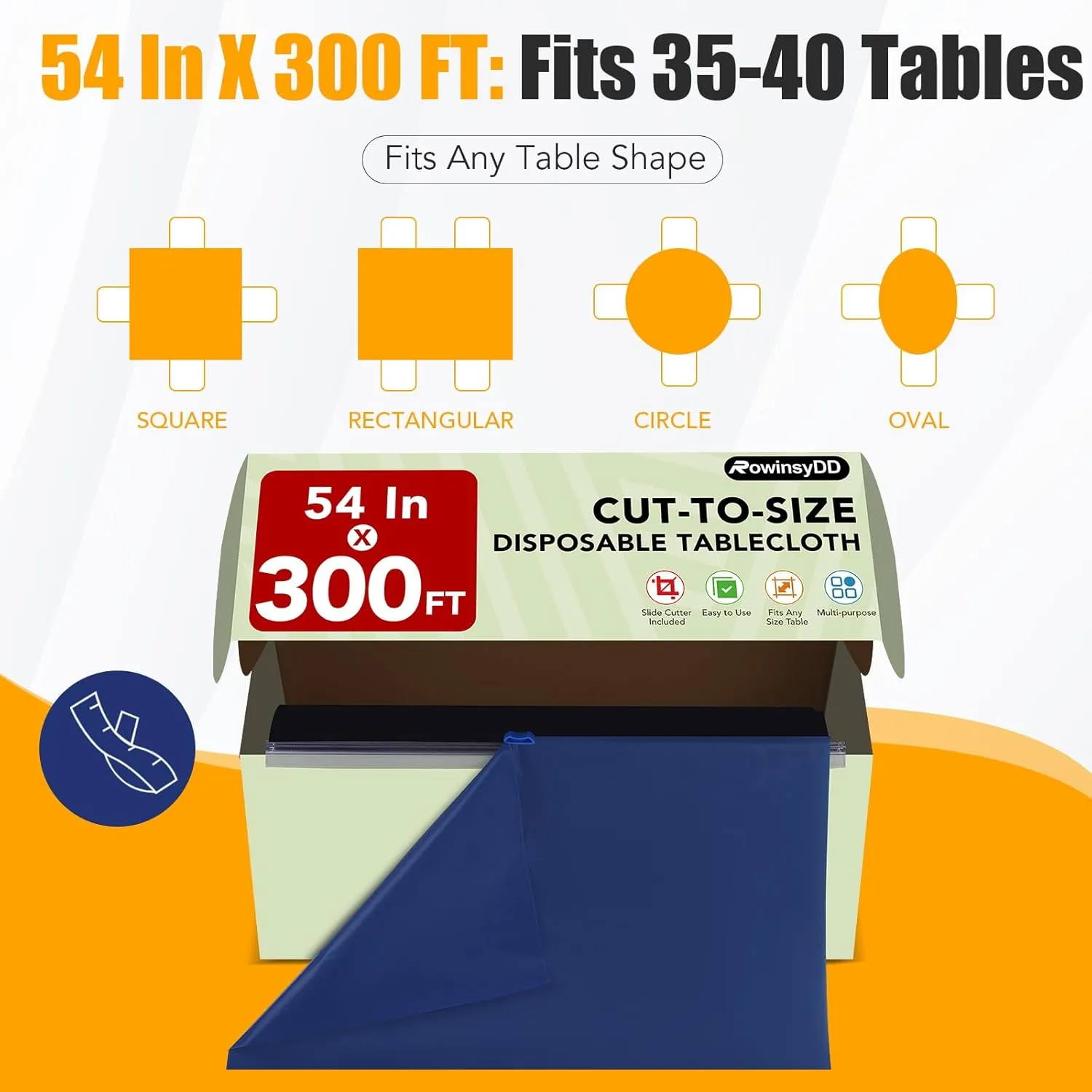 54 in X 300 FT Blue Plastic Table Cover Roll with Slide Cutter，Cuts Up to 36 Rectangle 8 Feet Disposable Plastic Table Cloths，Disposable Table Cover Roll for Dinning，Parties，BBQ，Wedding，Outdoor