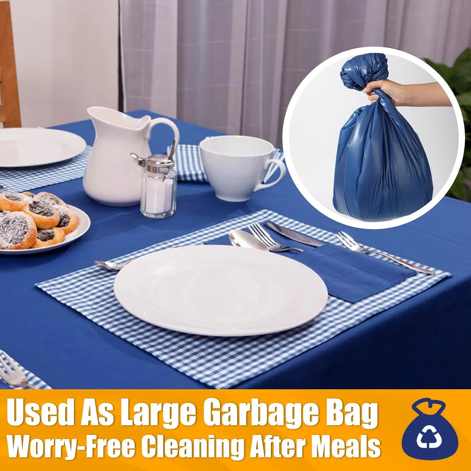 54 in X 300 FT Blue Plastic Table Cover Roll with Slide Cutter，Cuts Up to 36 Rectangle 8 Feet Disposable Plastic Table Cloths，Disposable Table Cover Roll for Dinning，Parties，BBQ，Wedding，Outdoor