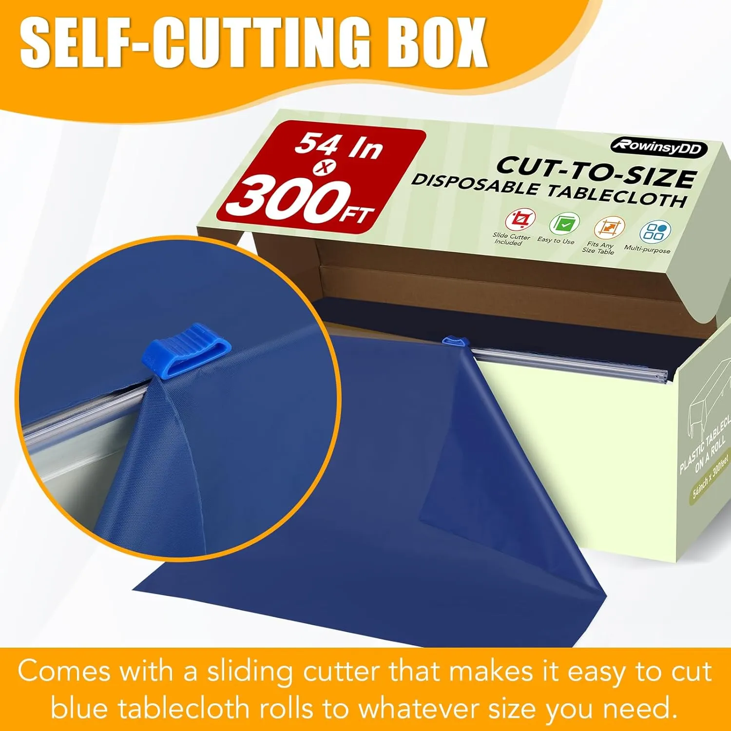 54 in X 300 FT Blue Plastic Table Cover Roll with Slide Cutter，Cuts Up to 36 Rectangle 8 Feet Disposable Plastic Table Cloths，Disposable Table Cover Roll for Dinning，Parties，BBQ，Wedding，Outdoor
