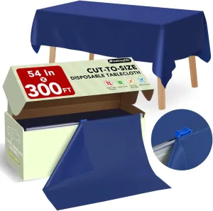 54 in X 300 FT Blue Plastic Table Cover Roll with Slide Cutter，Cuts Up to 36 Rectangle 8 Feet Disposable Plastic Table Cloths，Disposable Table Cover Roll for Dinning，Parties，BBQ，Wedding，Outdoor