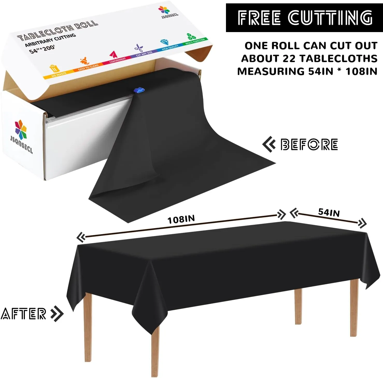 54 Inch X 200 Feet Plastic Table Cover Roll with Convenient Slide Cutter, Disposable Plastic Table Cloth Roll with Cut-to-Size Design for Weddings, Banquets, Parties (Black)